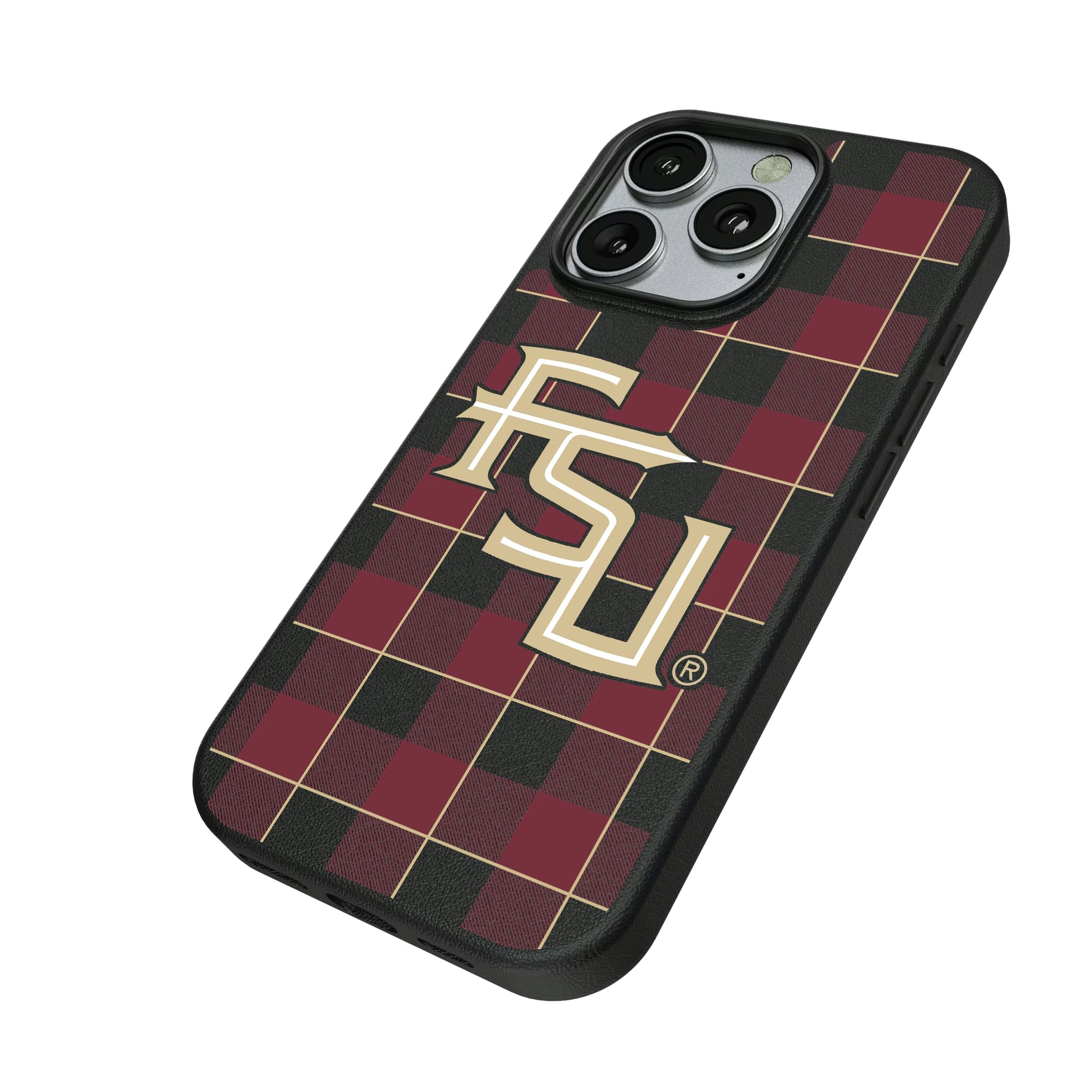 Florida State University Seminoles Athletic Wordmark Plaid iPhone MagSafe Compatible Phone Case for Apple iPhone - Isometric View