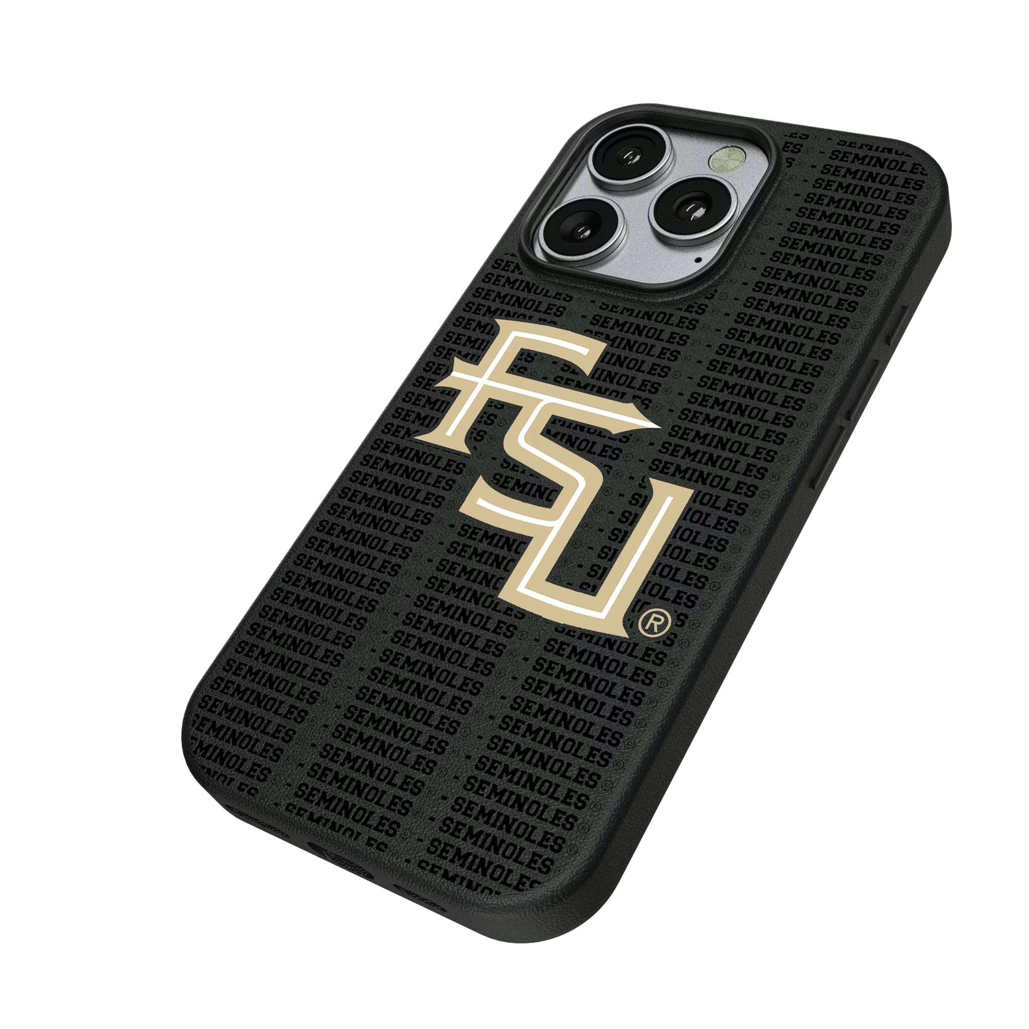 Florida State University Seminoles Athletic Wordmark Text Backdrop iPhone MagSafe Compatible Phone Case for Apple iPhone - Isometric View