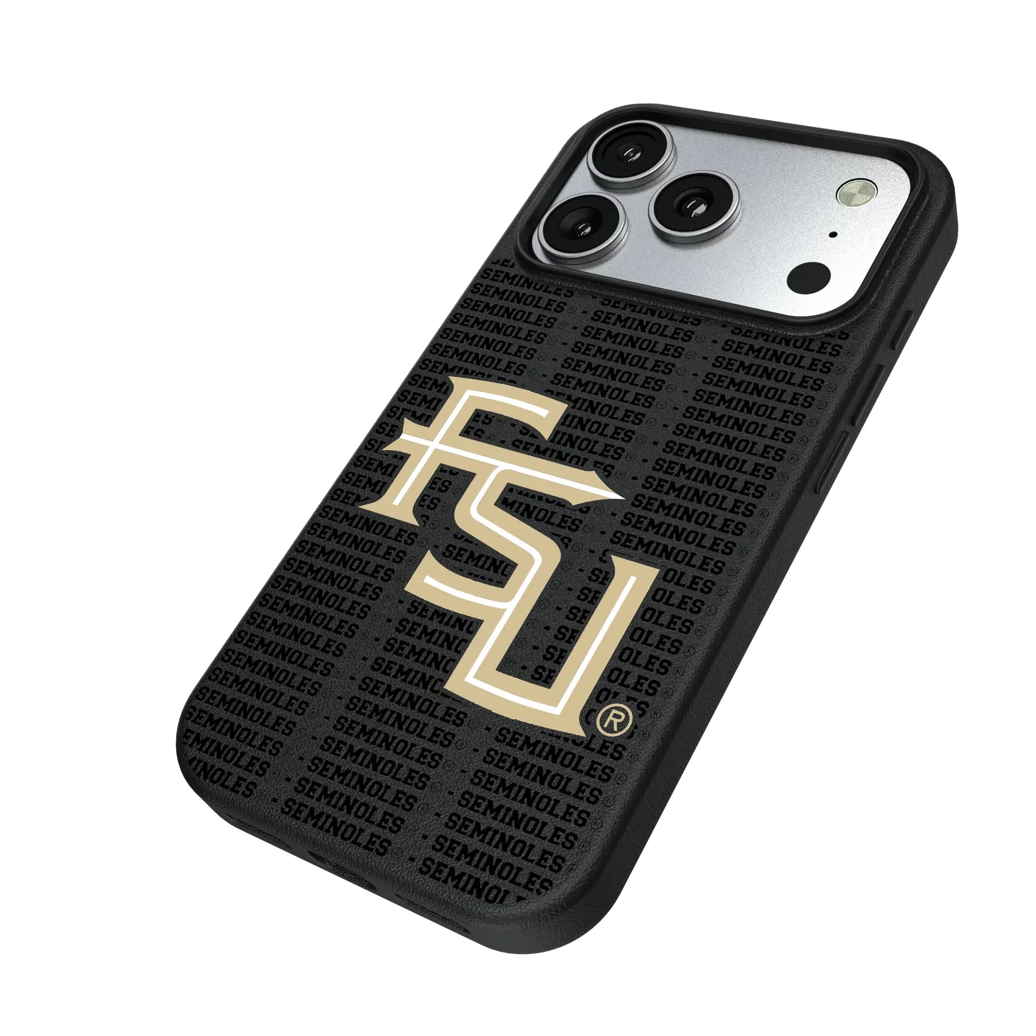 Florida State University Seminoles Athletic Wordmark Text Backdrop iPhone MagSafe Compatible Phone Case for Apple iPhone - Isometric View#Device_iPhone 17 Pro