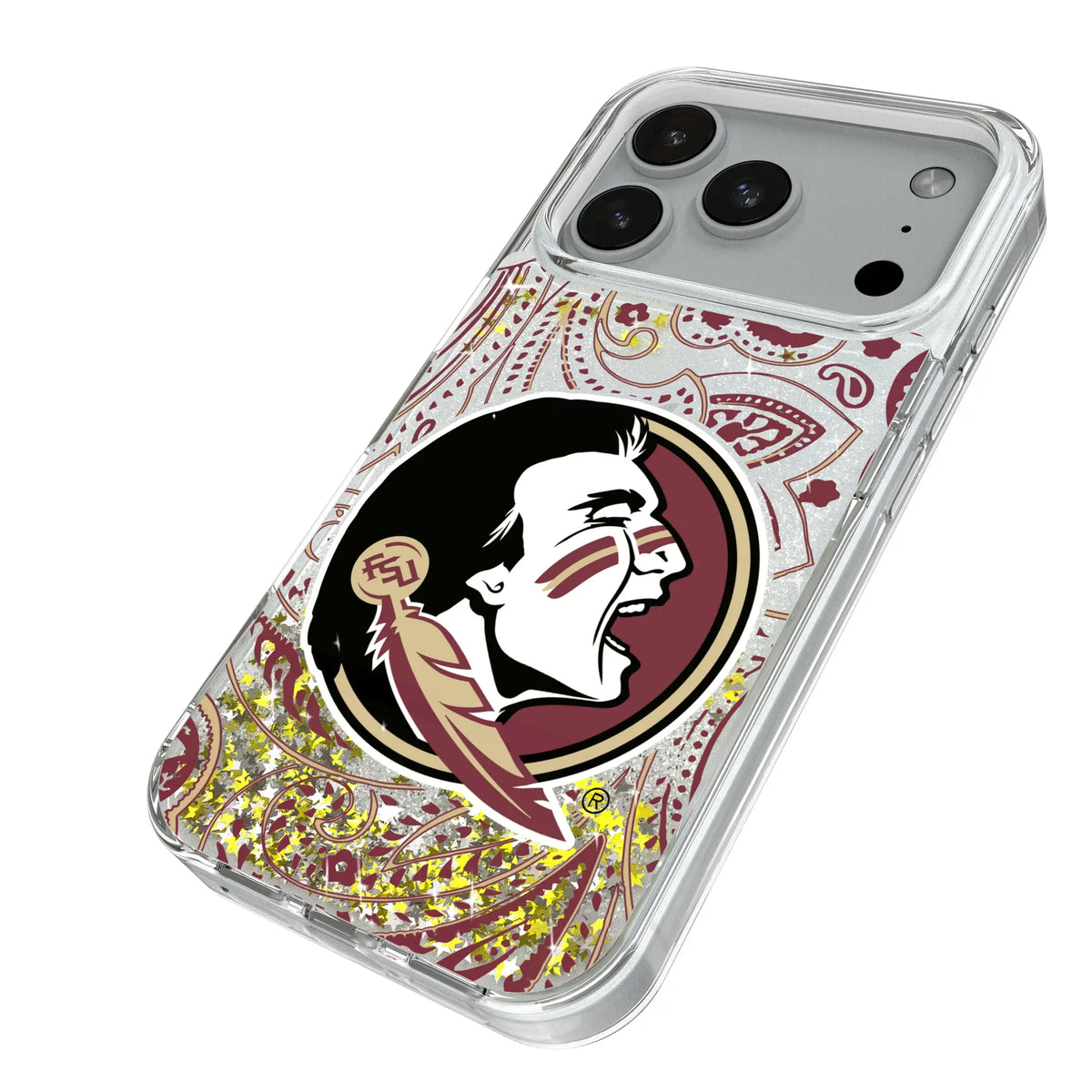 Florida State University Seminoles Paisley iPhone Glitter Phone Case for Apple iPhone - Isometric View#Device_iPhone 18 Pro