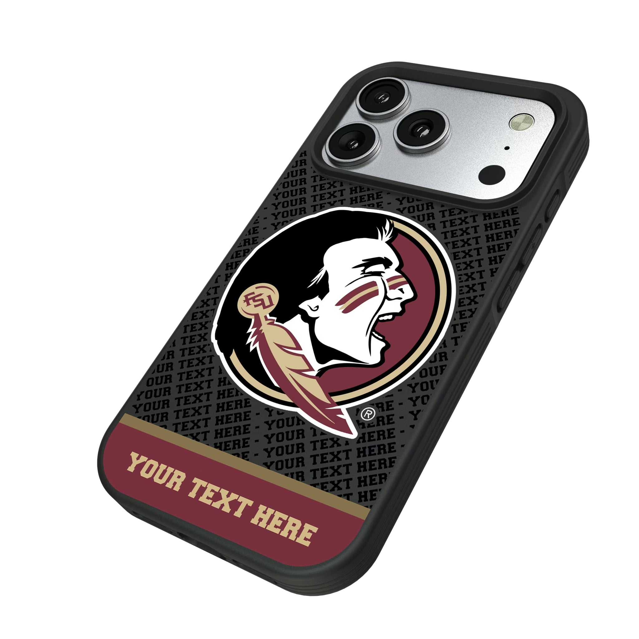 Florida State University Seminoles Personalized EndZone Plus iPhone Bump Phone Case for Apple iPhone - Isometric View#Device_iPhone 17 Pro