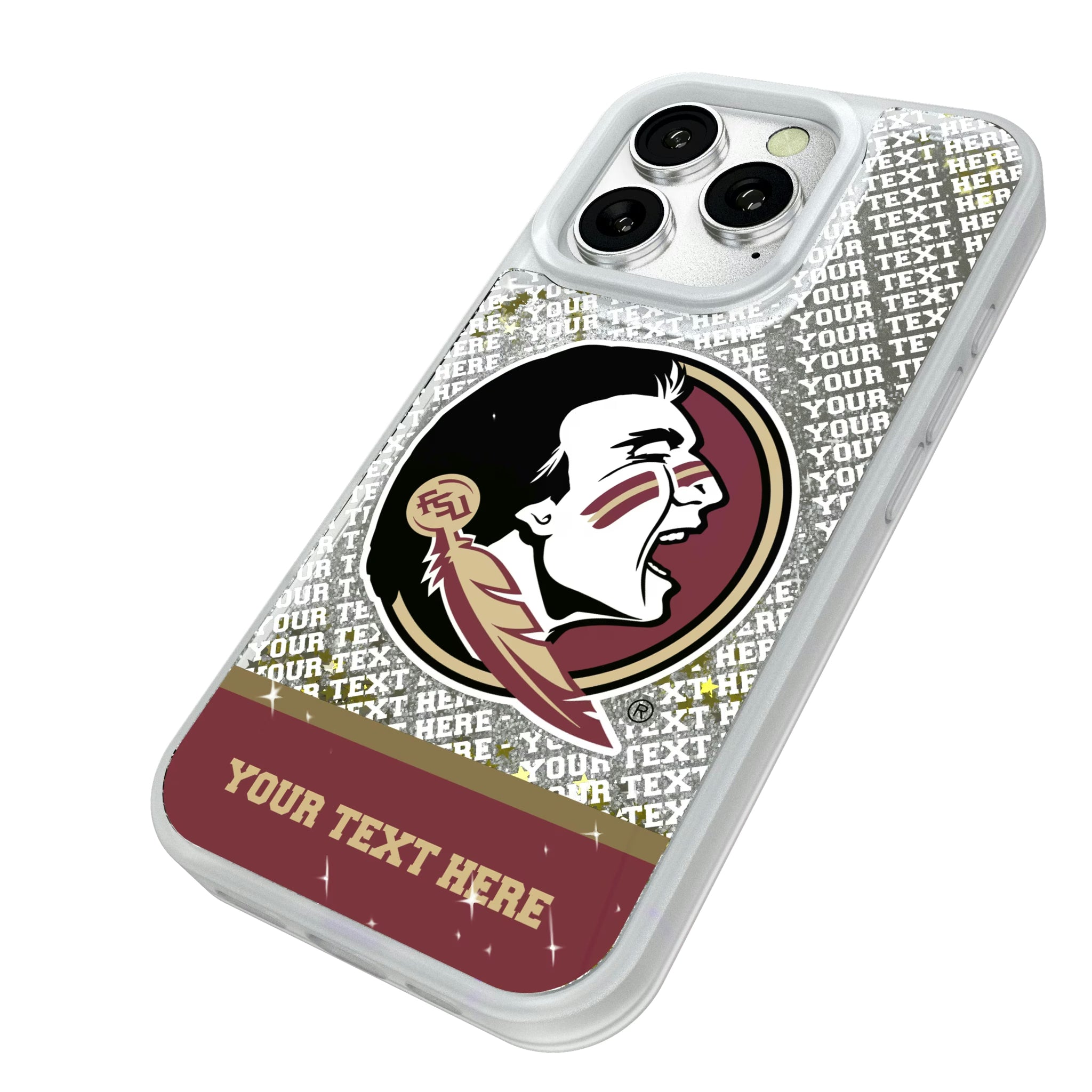 Florida State University Seminoles Personalized EndZone Plus iPhone Glitter Phone Case for Apple iPhone - Isometric View#Device_iPhone 16 Pro