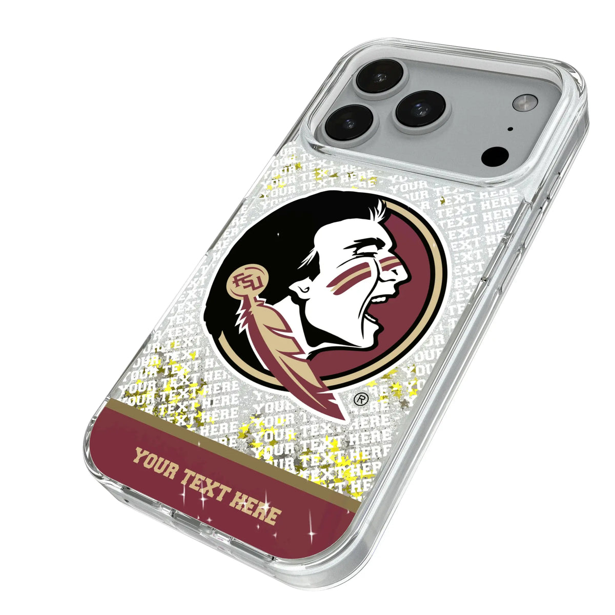 Florida State University Seminoles Personalized EndZone Plus iPhone Glitter Phone Case for Apple iPhone - Isometric View#Device_iPhone 18 Pro