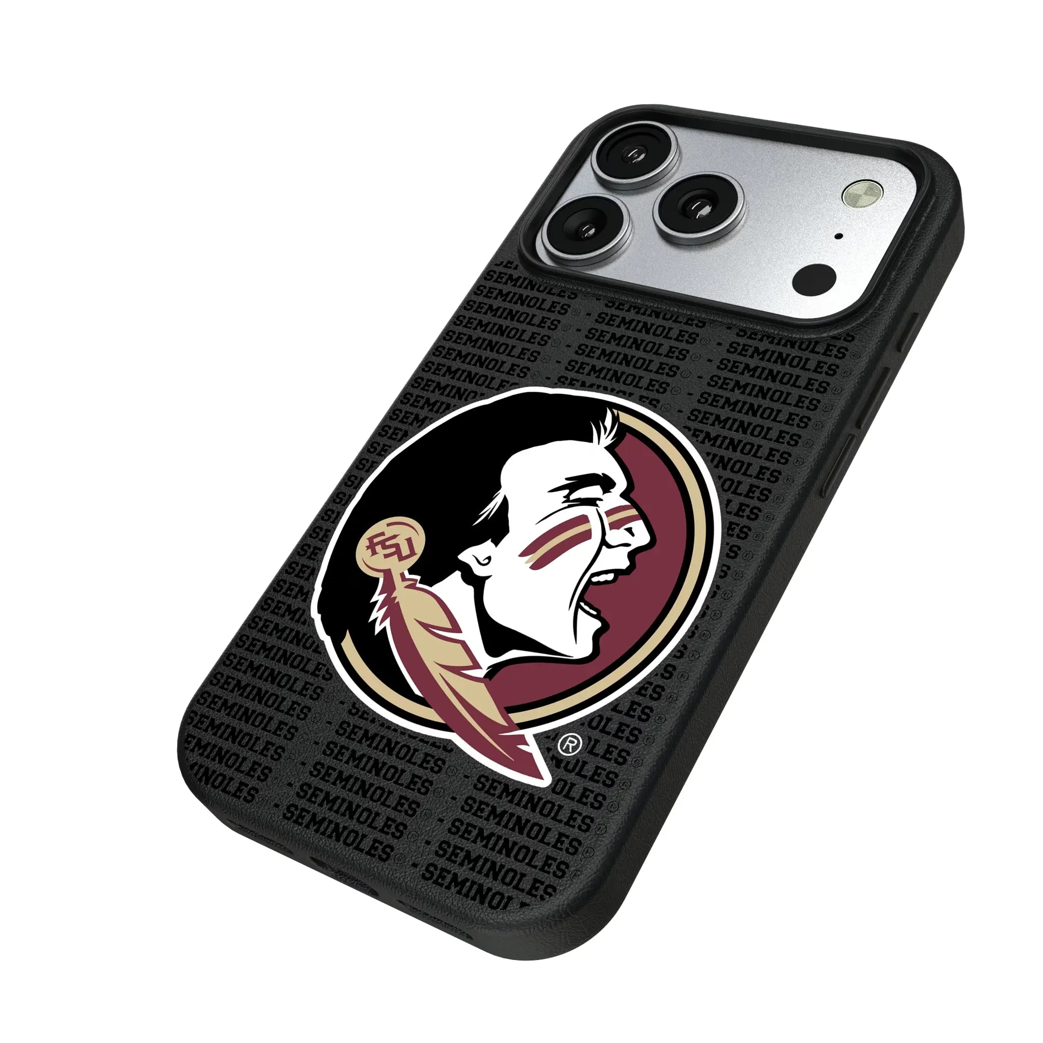 Florida State University Seminoles Text Backdrop iPhone MagSafe Compatible Phone Case for Apple iPhone - Isometric View#Device_iPhone 17 Pro