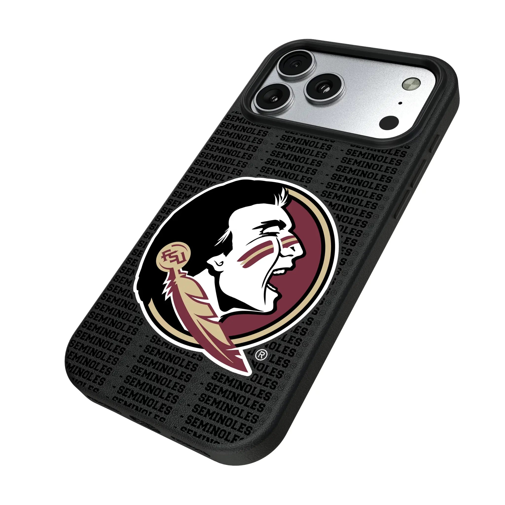 Florida State University Seminoles Text Backdrop iPhone MagSafe Compatible Phone Case for Apple iPhone - Isometric View#Device_iPhone 17 Pro Max