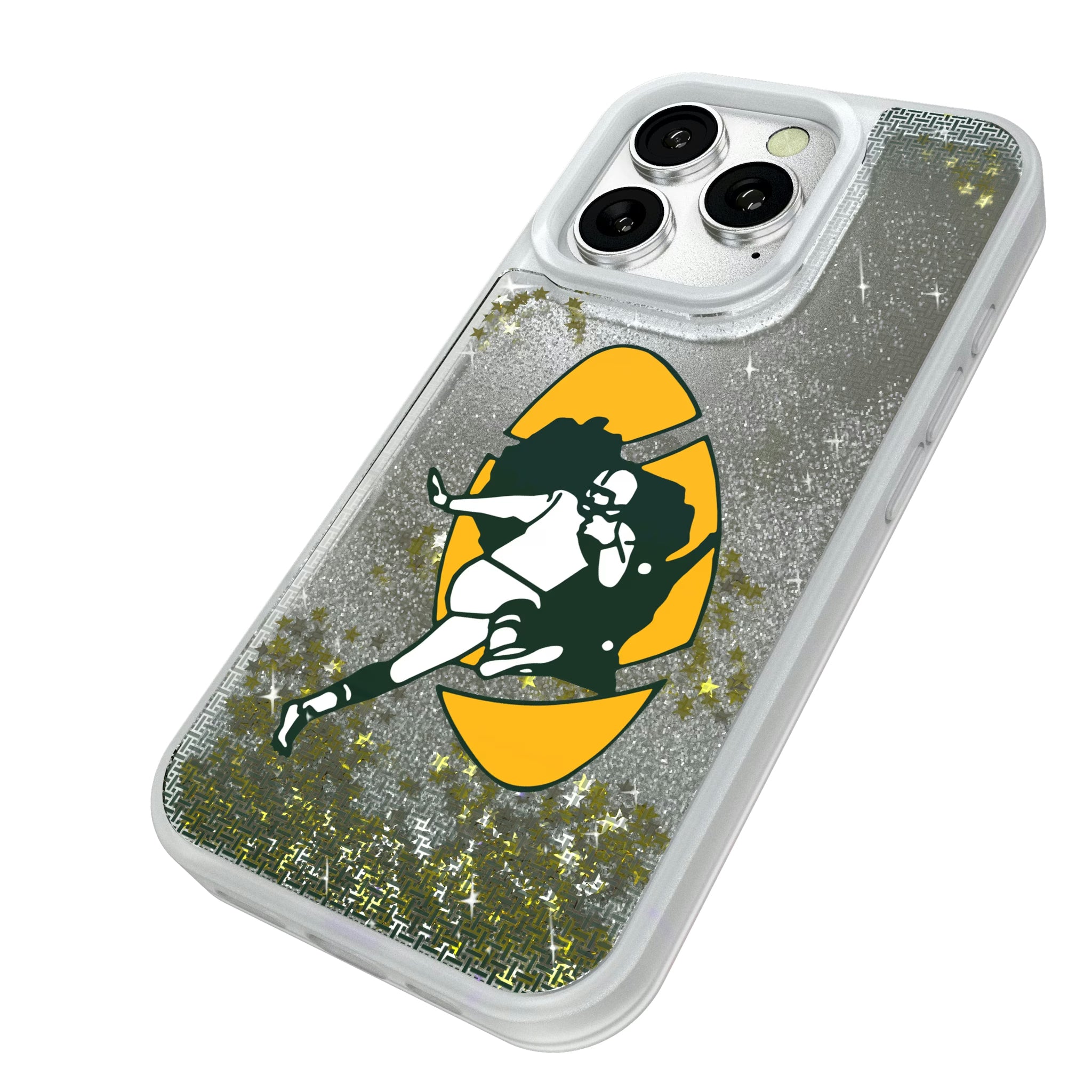 Green Bay Packers Historic Collection Linen iPhone Glitter Phone Case for Apple iPhone - Isometric View#Device_iPhone 16 Pro
