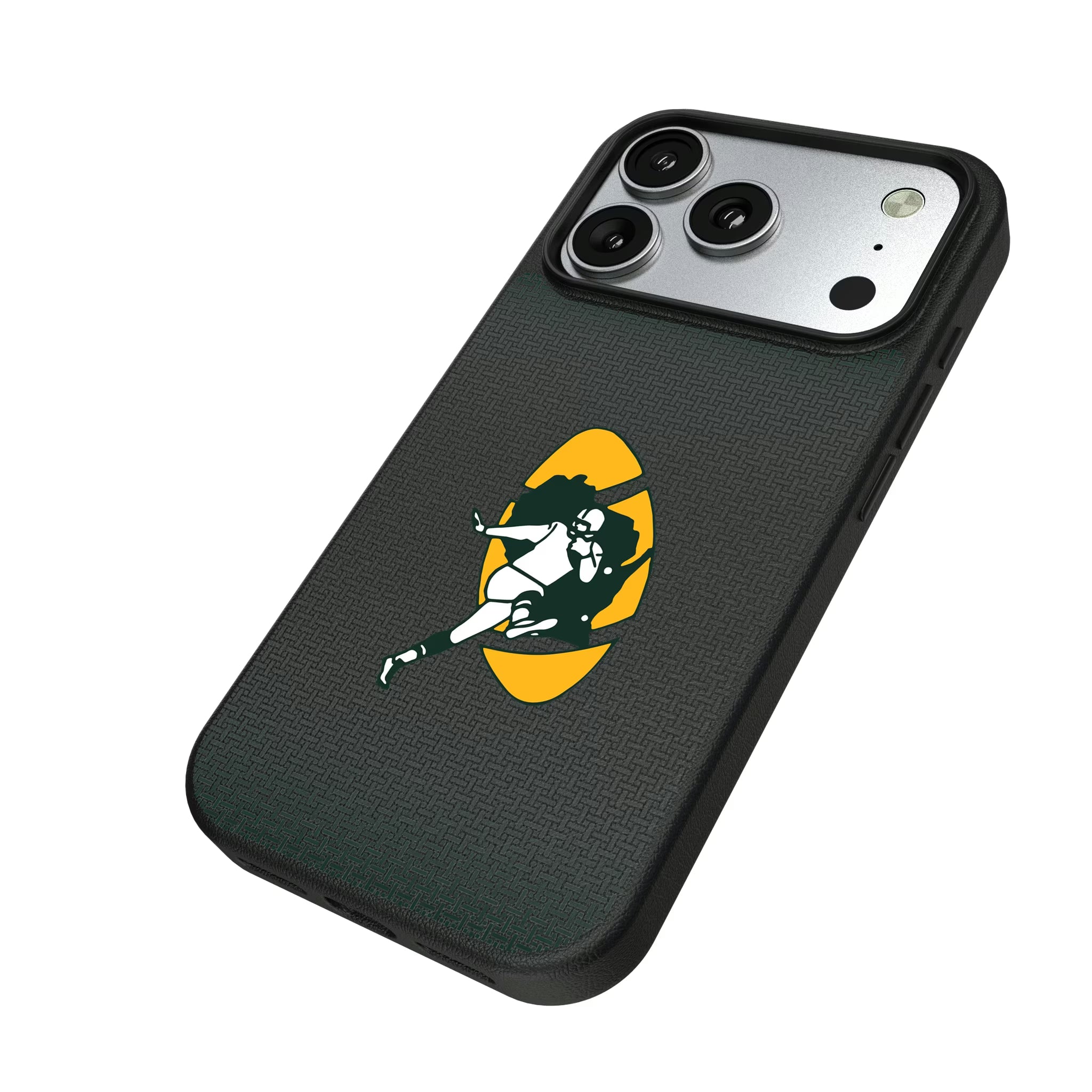 Green Bay Packers Historic Collection Linen iPhone MagSafe Compatible Phone Case for Apple iPhone - Isometric View#Device_iPhone 17 Pro
