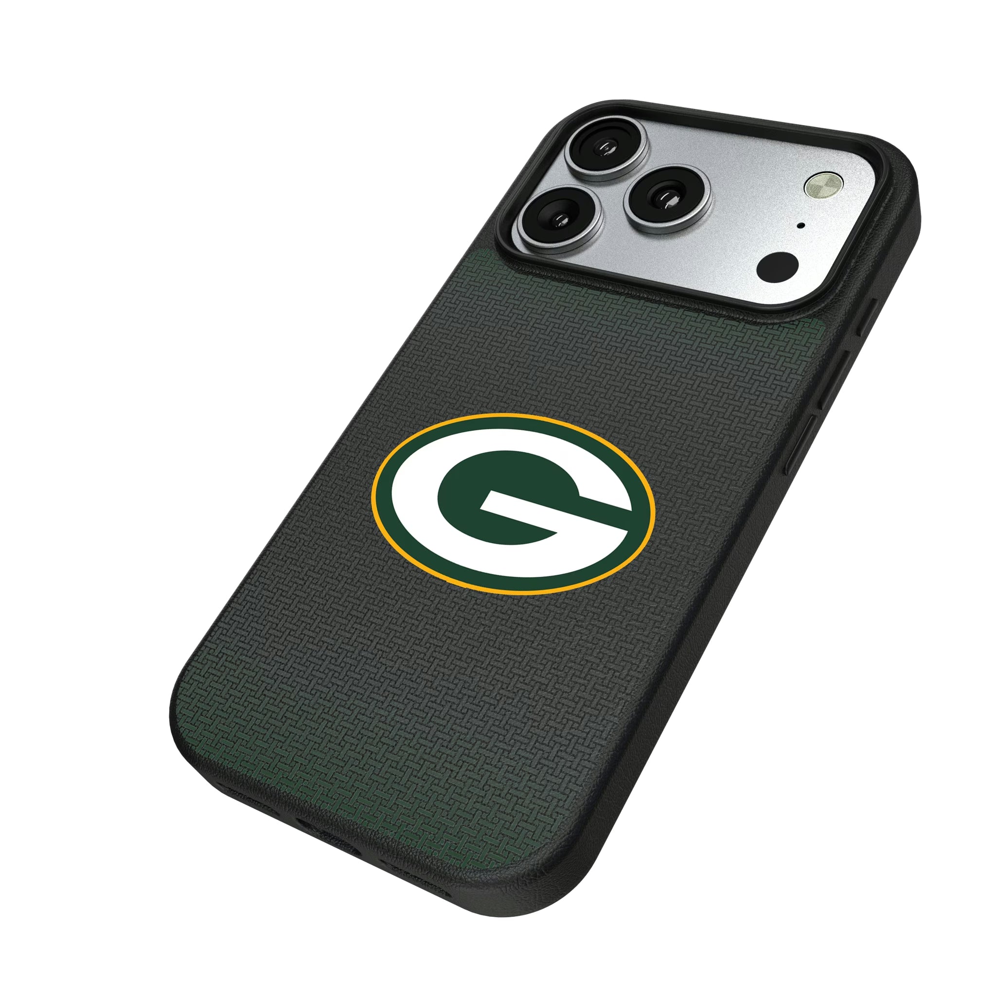Green Bay Packers Linen iPhone MagSafe Compatible Phone Case for Apple iPhone - Isometric View#Device_iPhone 17 Pro
