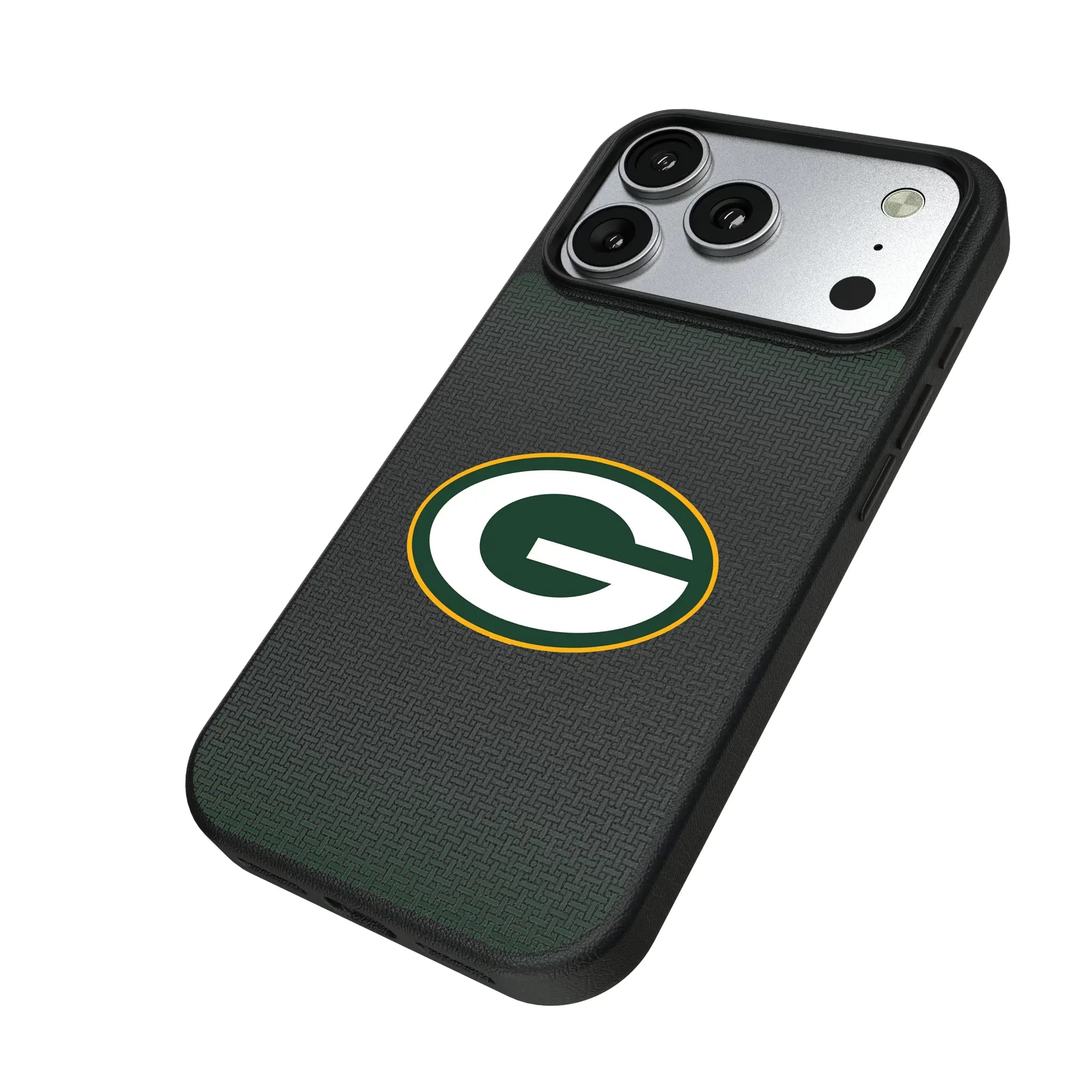 Green Bay Packers Linen iPhone MagSafe Compatible Phone Case for Apple iPhone - Isometric View#Device_iPhone 17 Pro