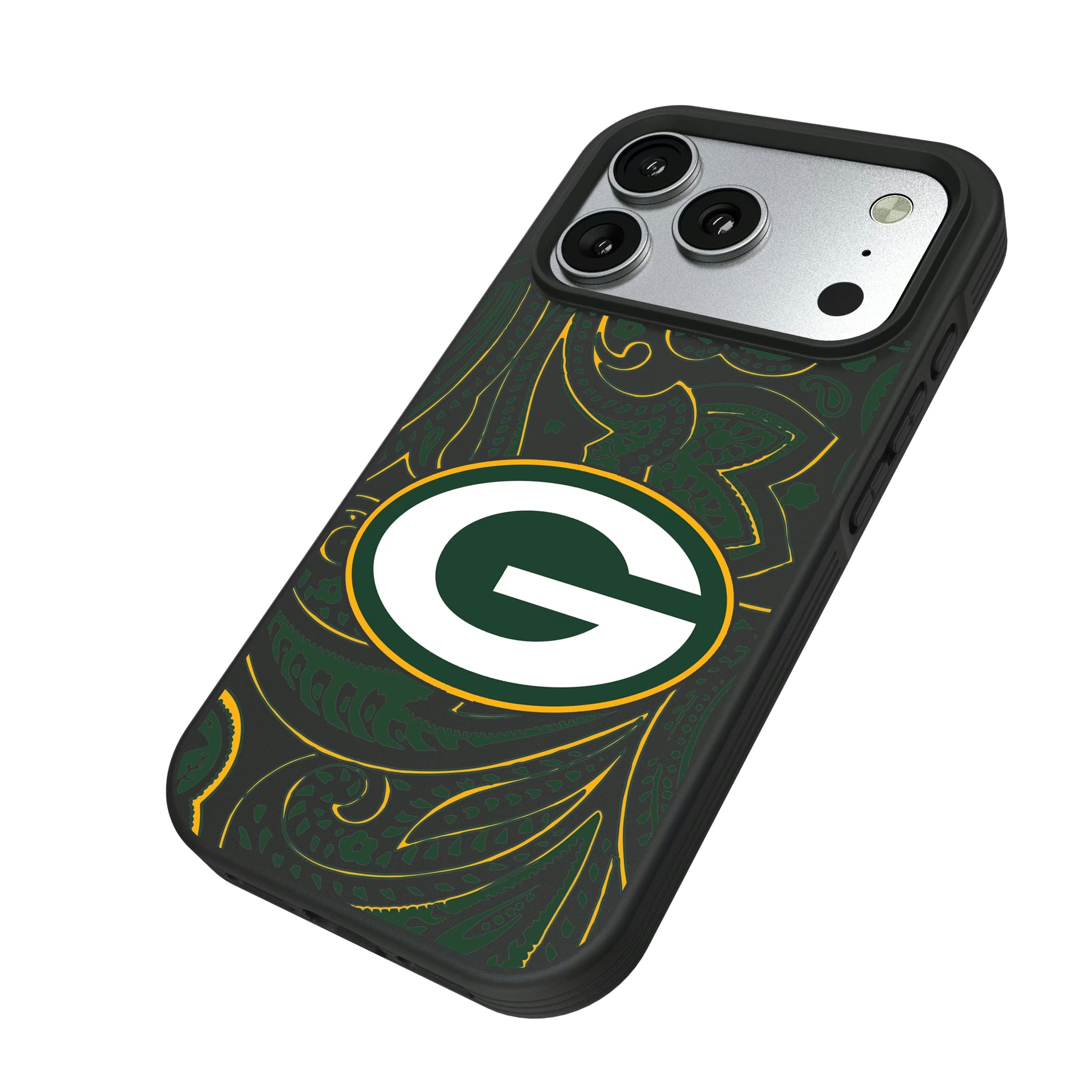 Green Bay Packers Paisley iPhone Bump Phone Case for Apple iPhone - Isometric View#Device_iPhone 17 Pro