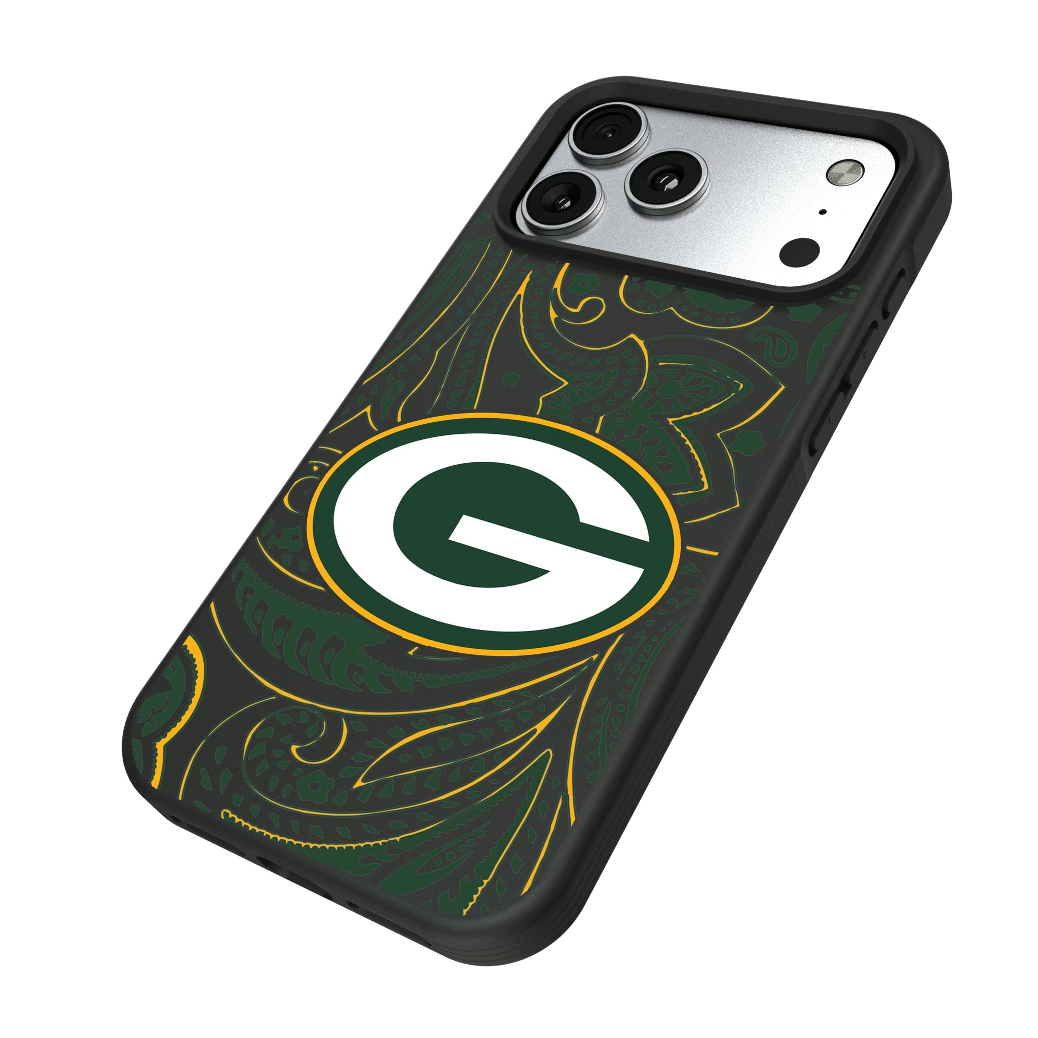 Green Bay Packers Paisley iPhone Bump Phone Case for Apple iPhone - Isometric View#Device_iPhone 17 Pro Max