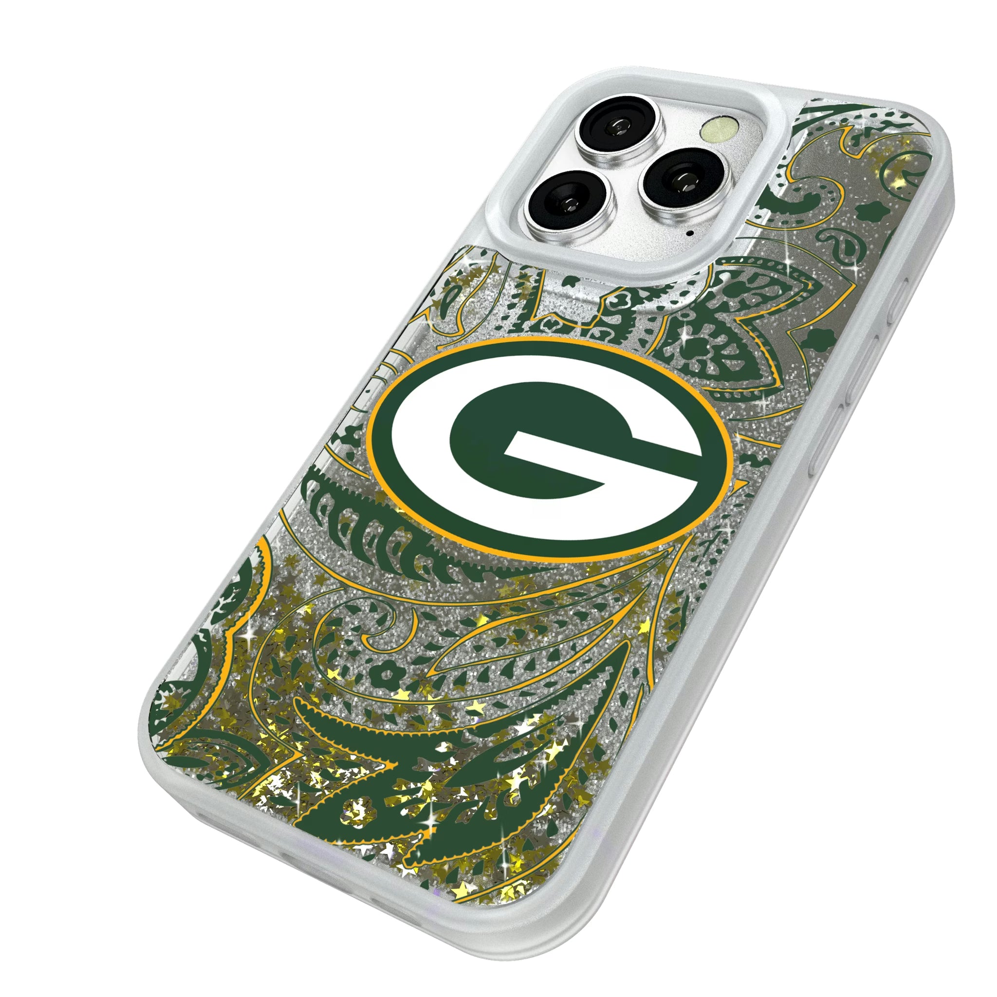 Green Bay Packers Paisley iPhone Glitter Phone Case for Apple iPhone - Isometric View#Device_iPhone 16 Pro