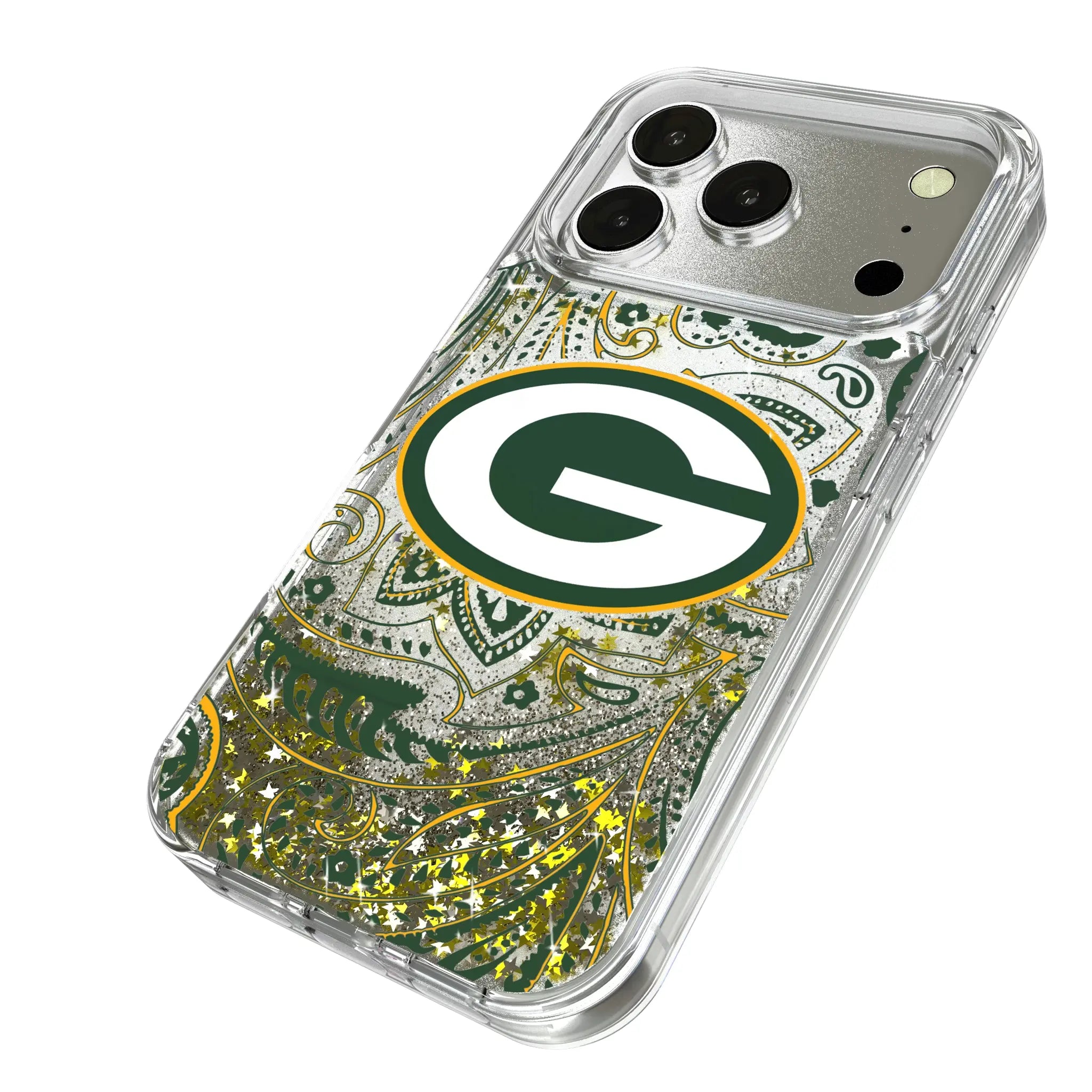 Green Bay Packers Paisley iPhone Glitter Phone Case for Apple iPhone - Isometric View