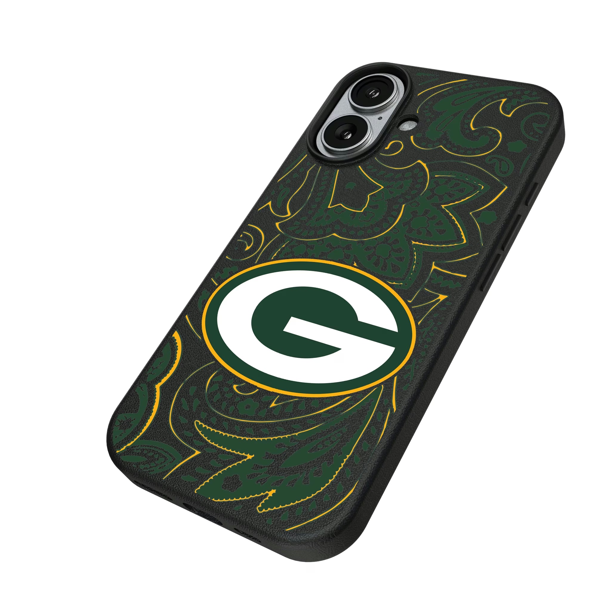 Green Bay Packers Paisley iPhone MagSafe Compatible Phone Case for Apple iPhone - Isometric View#Device_iPhone 17