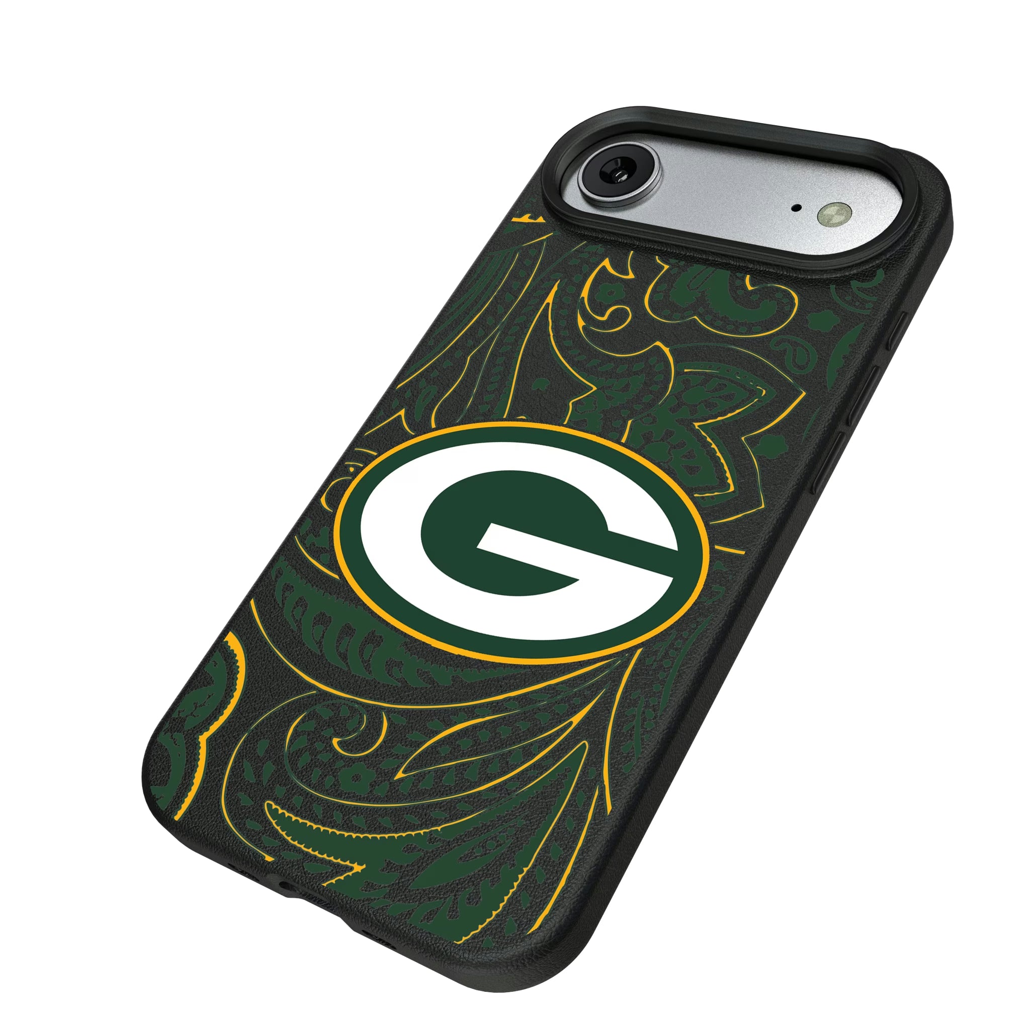 Green Bay Packers Paisley iPhone MagSafe Compatible Phone Case for Apple iPhone - Isometric View#Device_iPhone Air