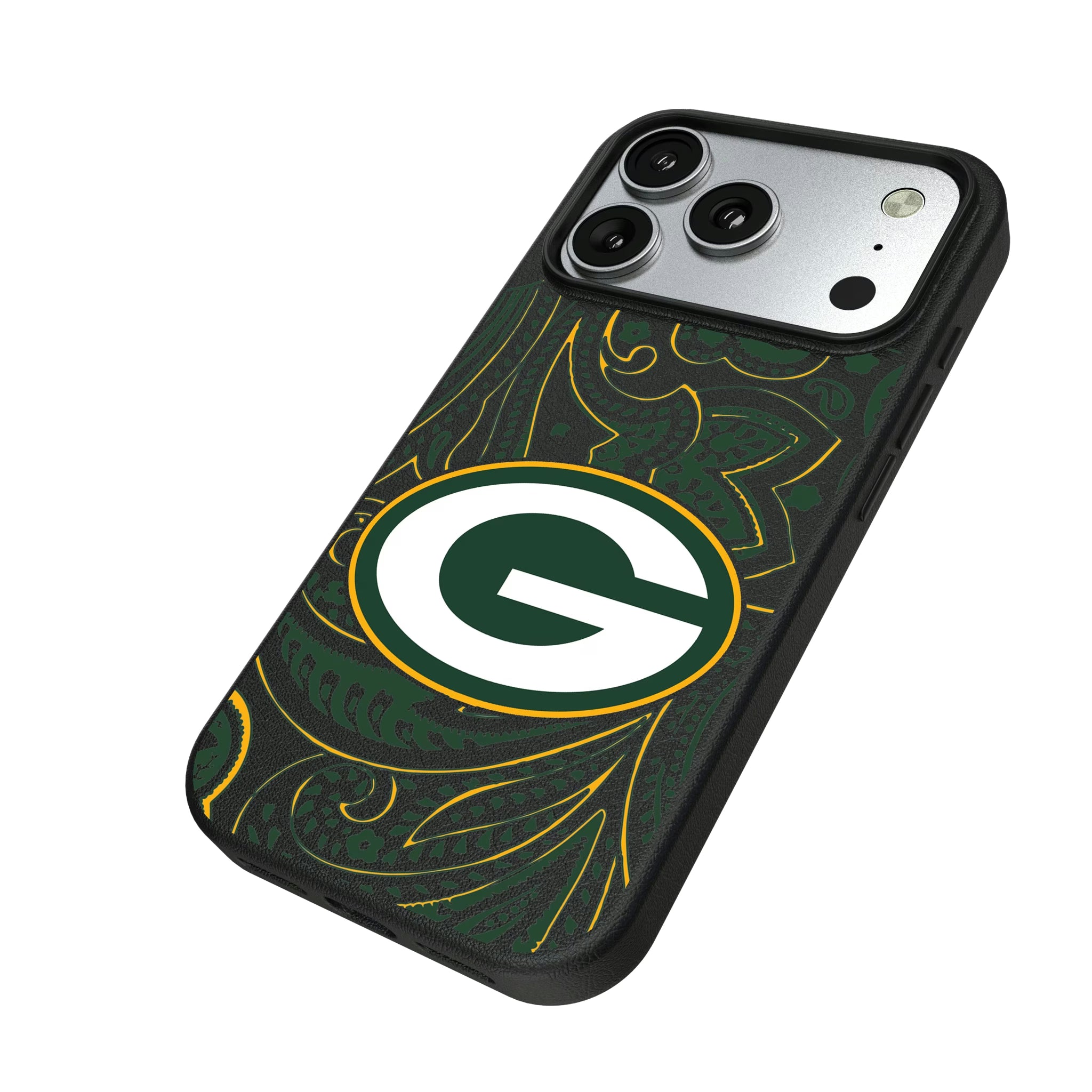 Green Bay Packers Paisley iPhone MagSafe Compatible Phone Case for Apple iPhone - Isometric View#Device_iPhone 17 Pro