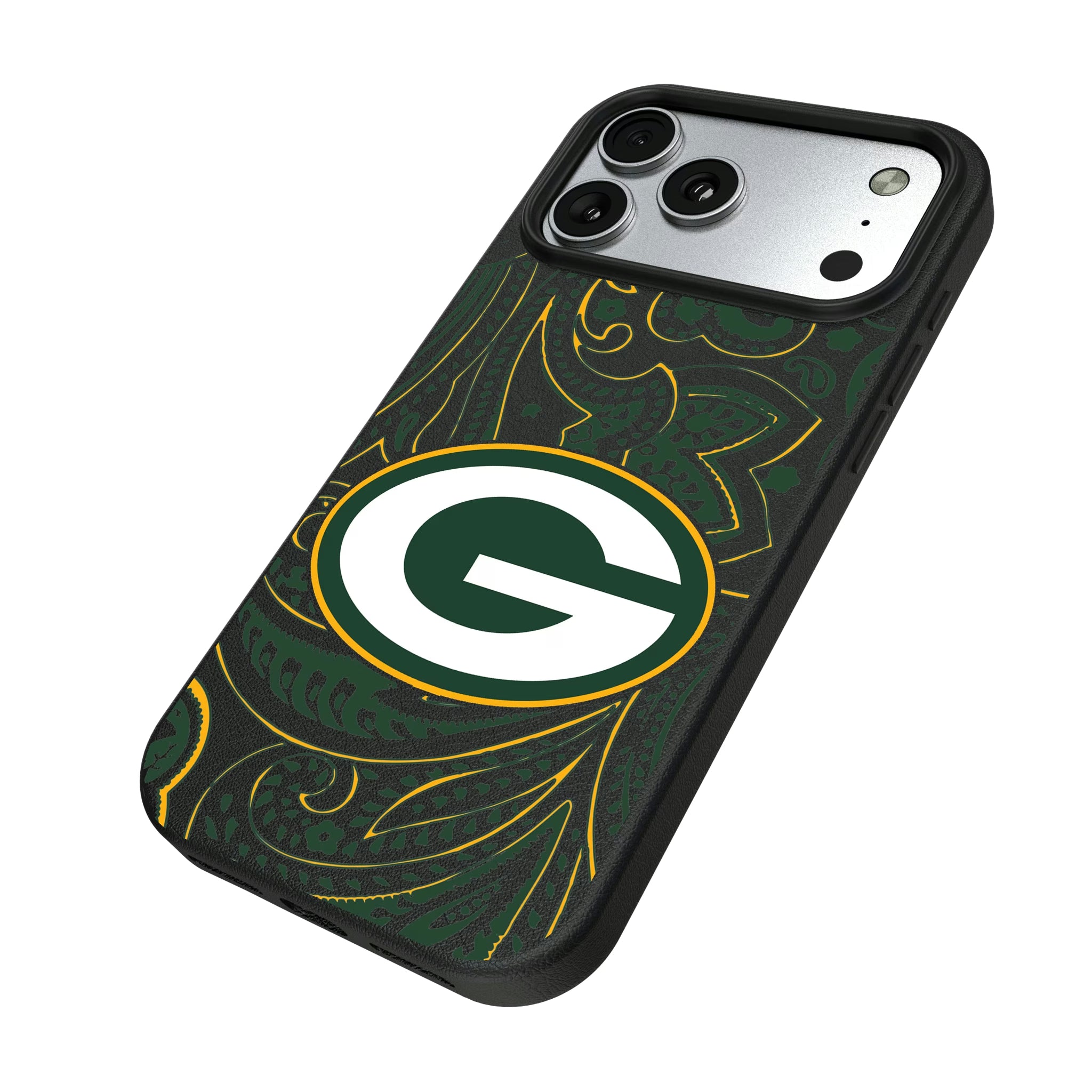 Green Bay Packers Paisley iPhone MagSafe Compatible Phone Case for Apple iPhone - Isometric View#Device_iPhone 17 Pro Max