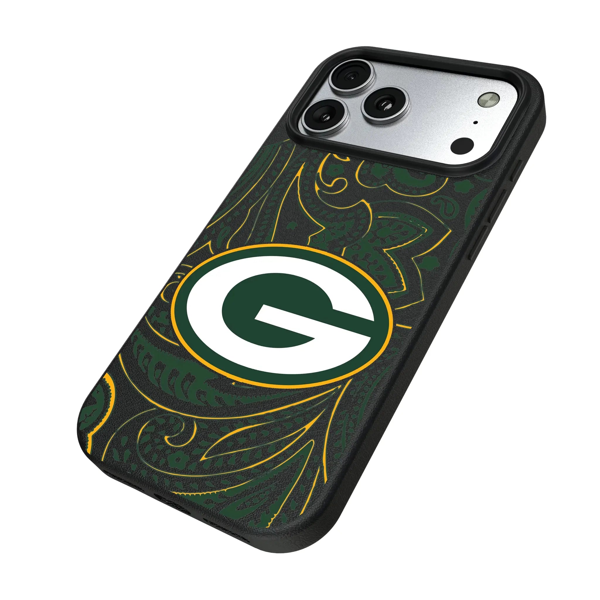 Green Bay Packers Paisley iPhone MagSafe Compatible Phone Case for Apple iPhone - Isometric View#Device_iPhone 17 Pro Max