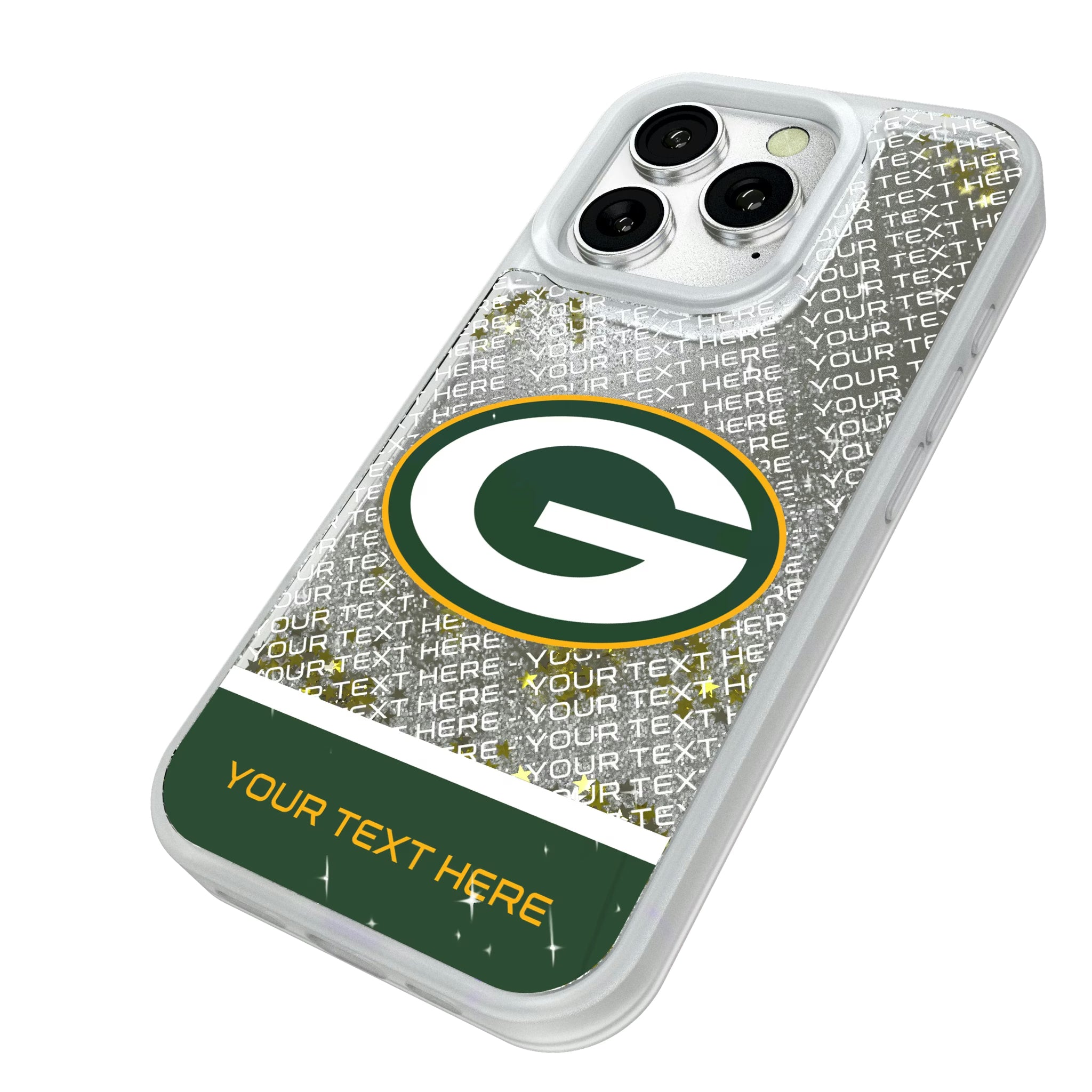 Green Bay Packers Personalized EndZone Plus iPhone Glitter Phone Case for Apple iPhone - Isometric View#Device_iPhone 16 Pro