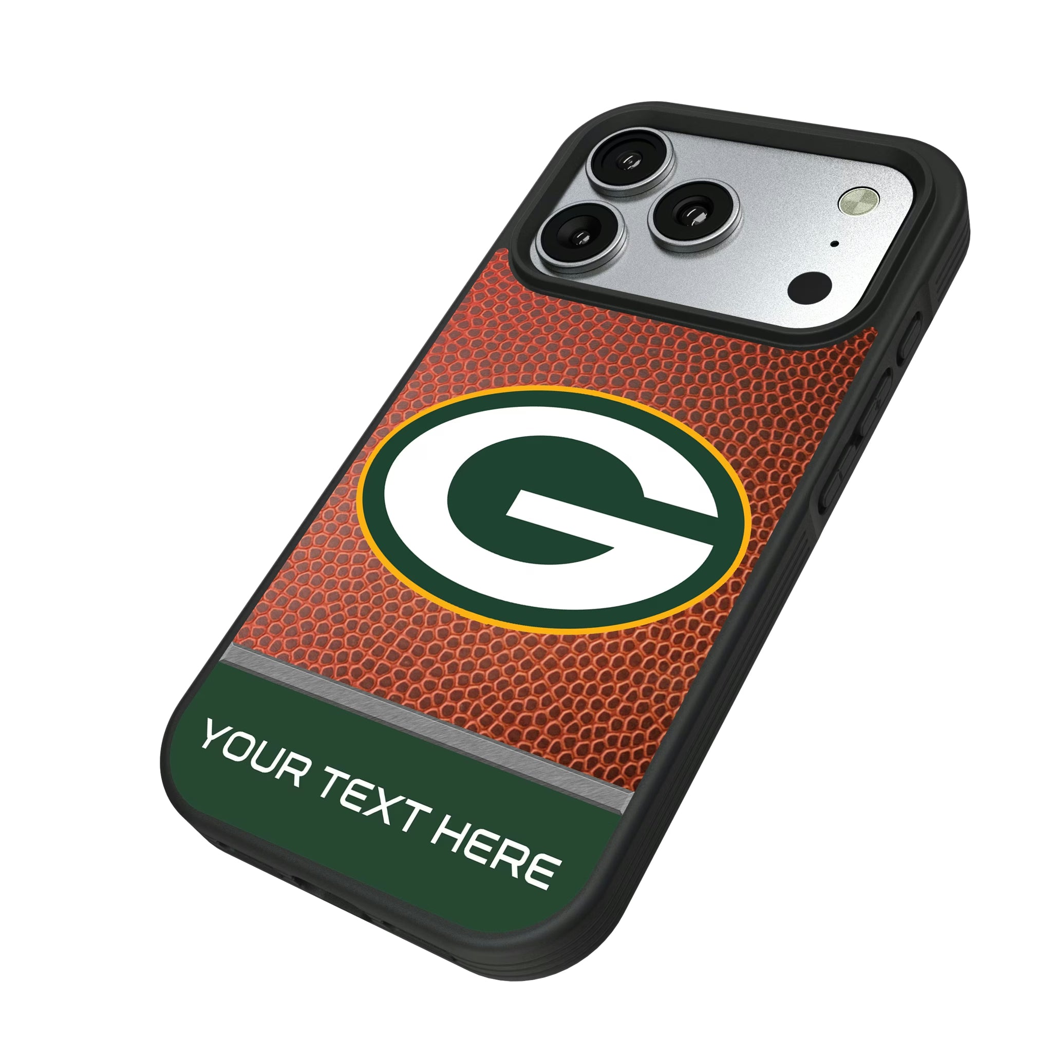 Green Bay Packers Personalized Football iPhone Bump Phone Case for Apple iPhone - Isometric View#Device_iPhone 17 Pro
