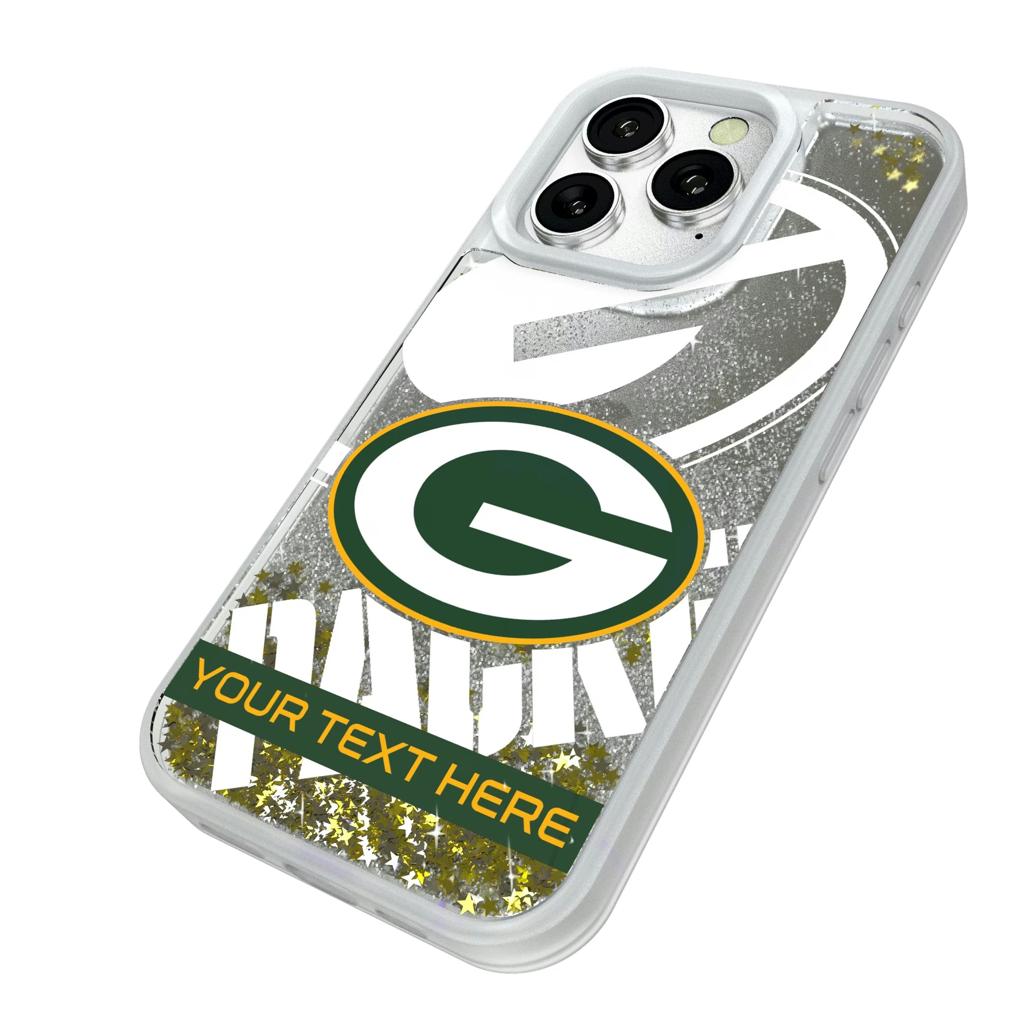 Green Bay Packers Personalized Tilt iPhone Glitter Phone Case for Apple iPhone - Isometric View#Device_iPhone 16 Pro