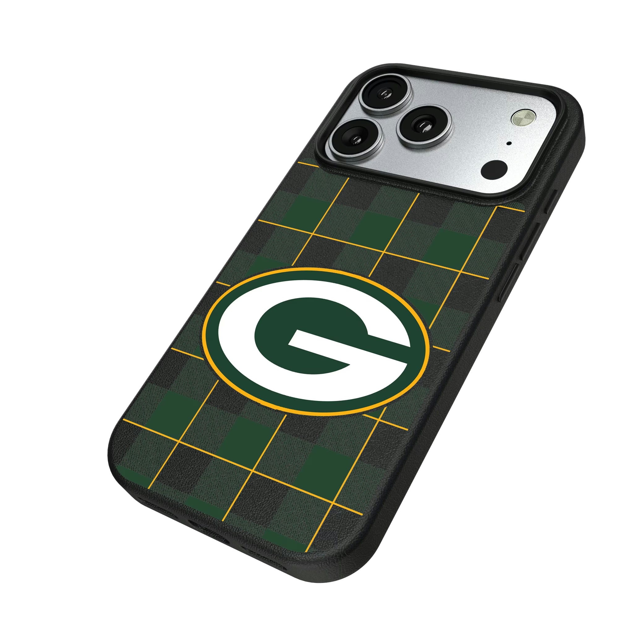 Green Bay Packers Plaid iPhone MagSafe Compatible Phone Case for Apple iPhone - Isometric View#Device_iPhone 17 Pro