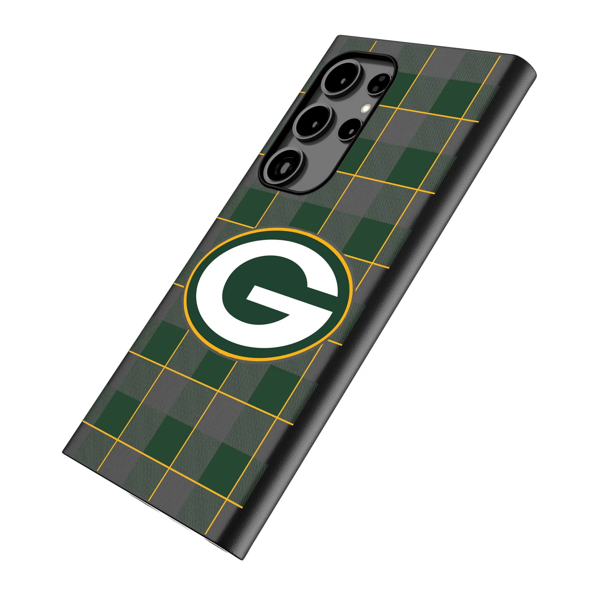 Green Bay Packers Plaid Galaxy MagSafe Compatible Phone Case for Samsung Galaxy - Isometric View