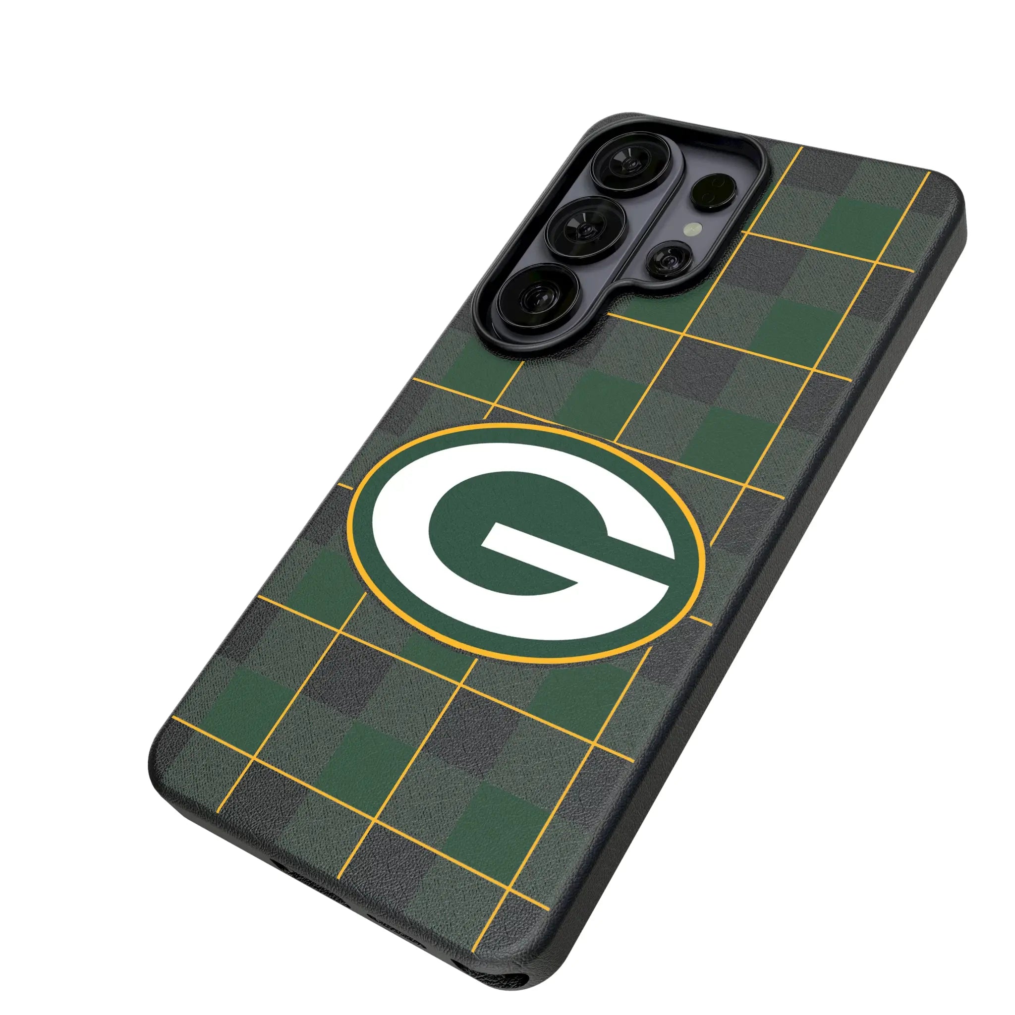Green Bay Packers Plaid Galaxy MagSafe Compatible Phone Case for Samsung Galaxy - Isometric View#Device_Galaxy S26 Ultra