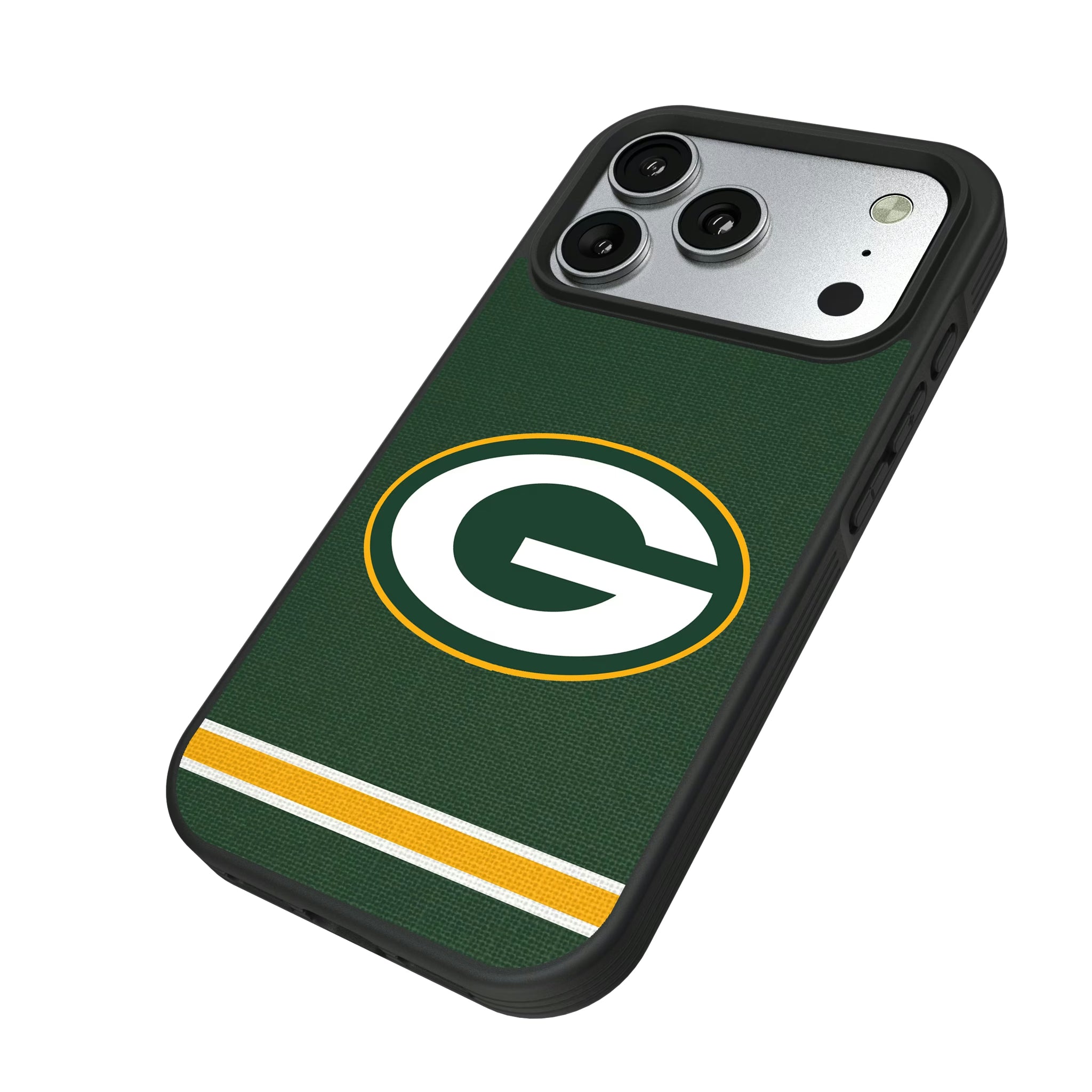 Green Bay Packers Stripe iPhone Bump Phone Case for Apple iPhone - Isometric View#Device_iPhone 17 Pro