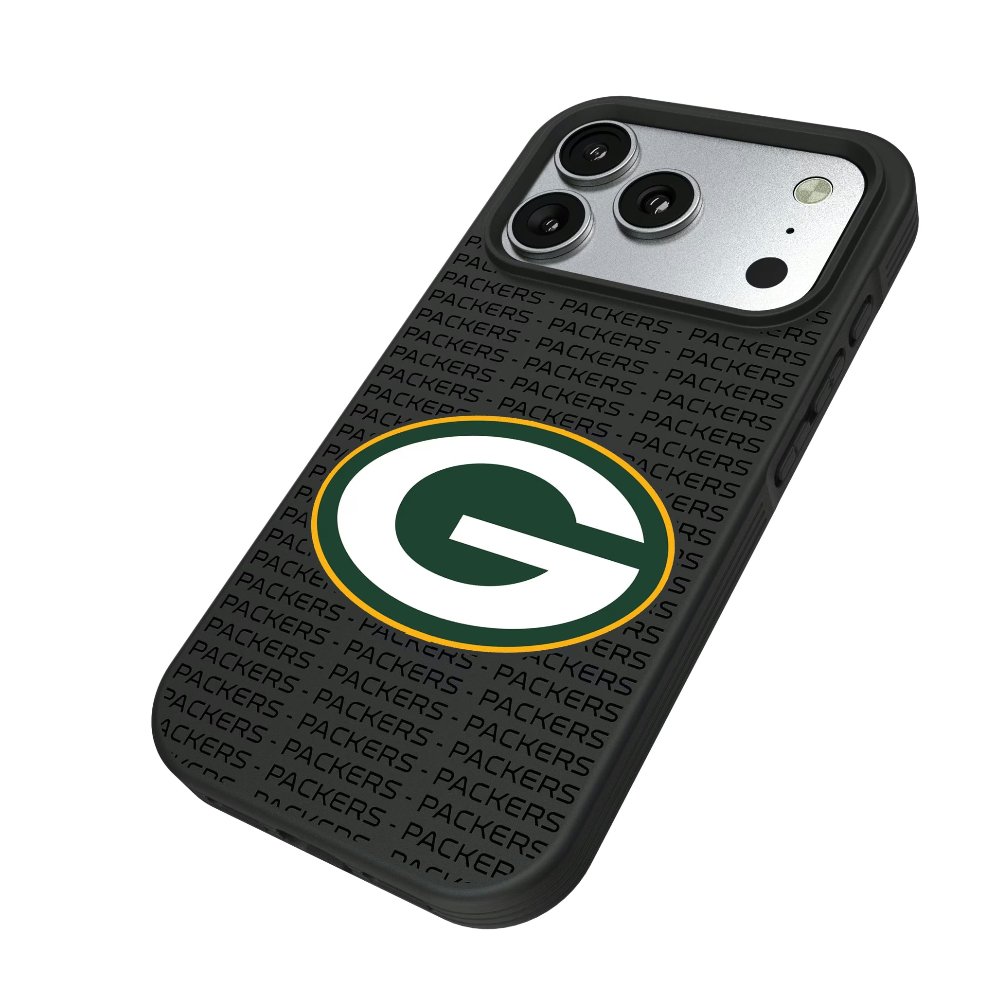 Green Bay Packers Text Backdrop iPhone Bump Phone Case for Apple iPhone - Isometric View#Device_iPhone 17 Pro
