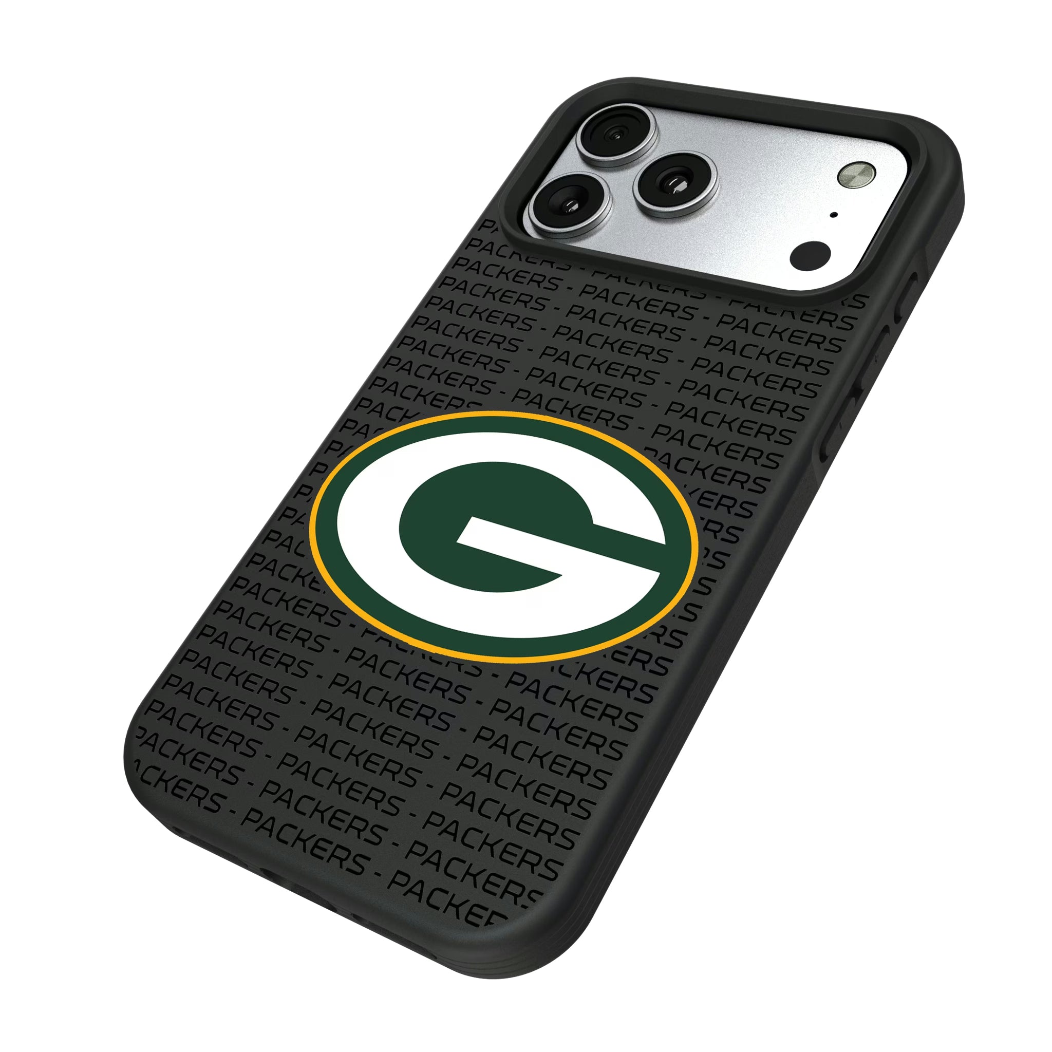 Green Bay Packers Text Backdrop iPhone Bump Phone Case for Apple iPhone - Isometric View#Device_iPhone 17 Pro Max