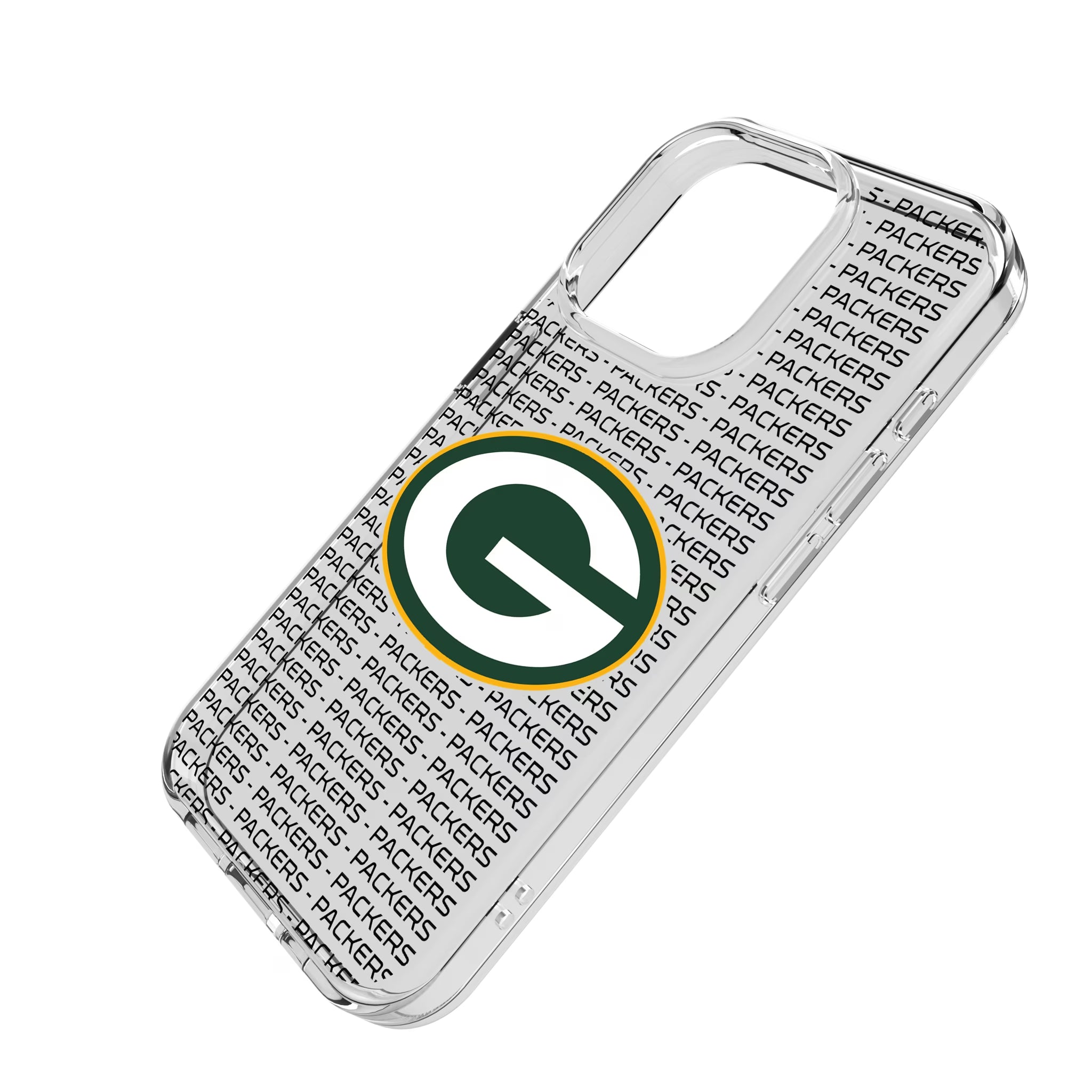 Green Bay Packers Text Backdrop iPhone Clear Phone Case for Apple iPhone - Isometric View