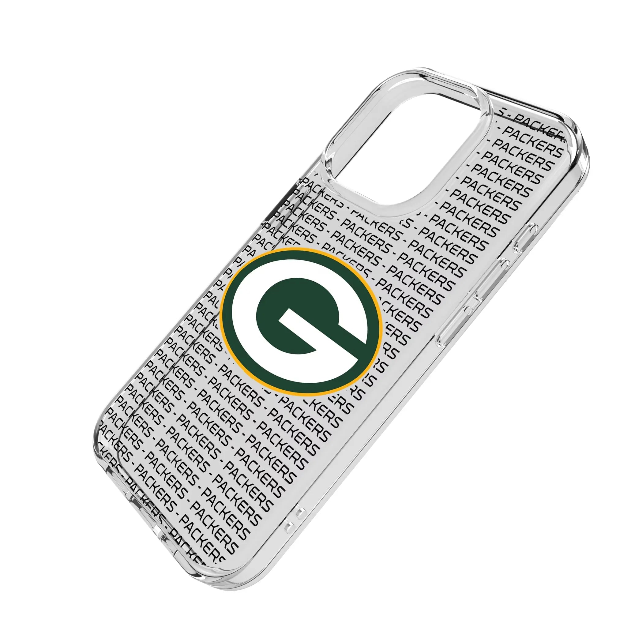 Green Bay Packers Text Backdrop iPhone Clear Phone Case for Apple iPhone - Isometric View