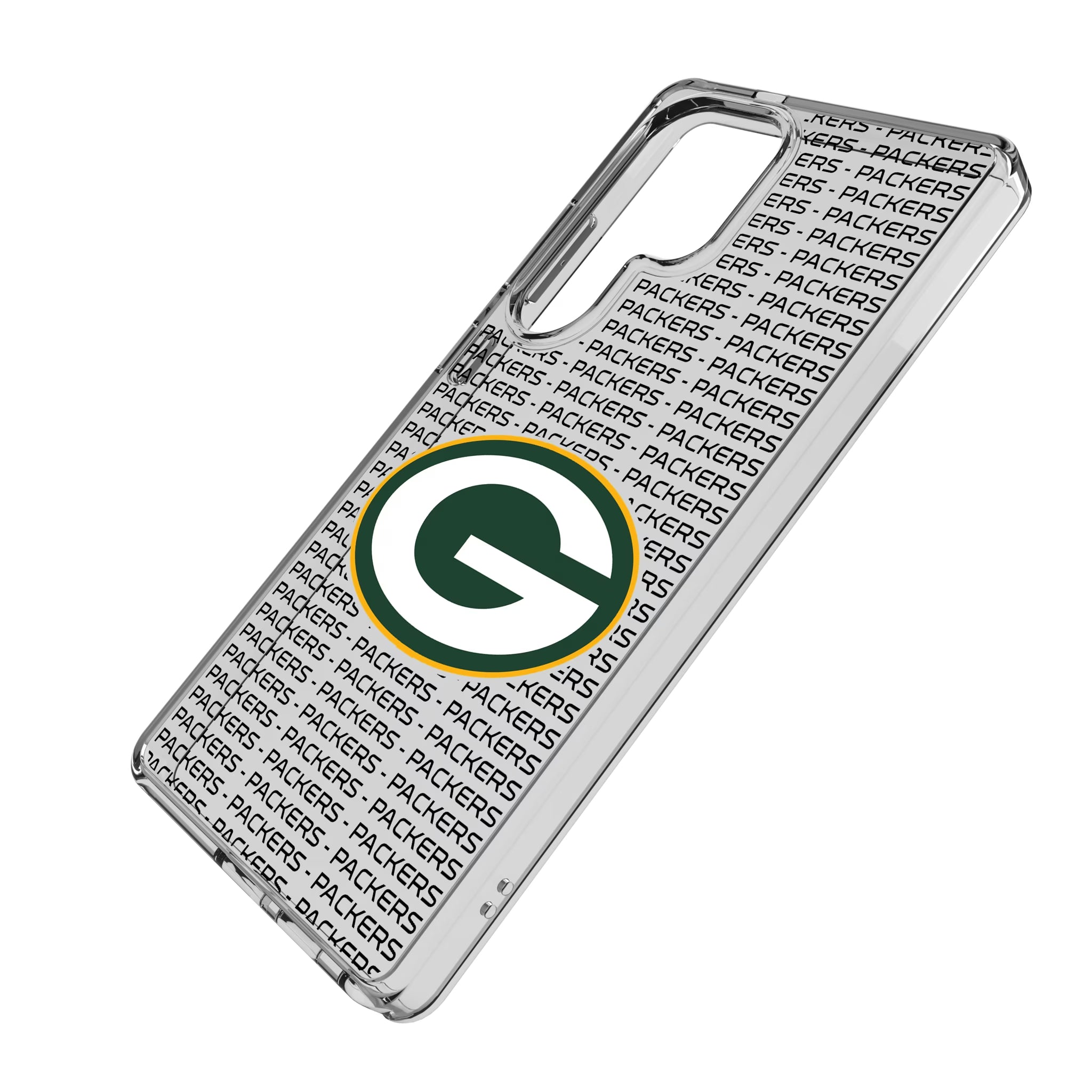 Green Bay Packers Text Backdrop Galaxy Clear Phone Case for Samsung Galaxy - Isometric View
