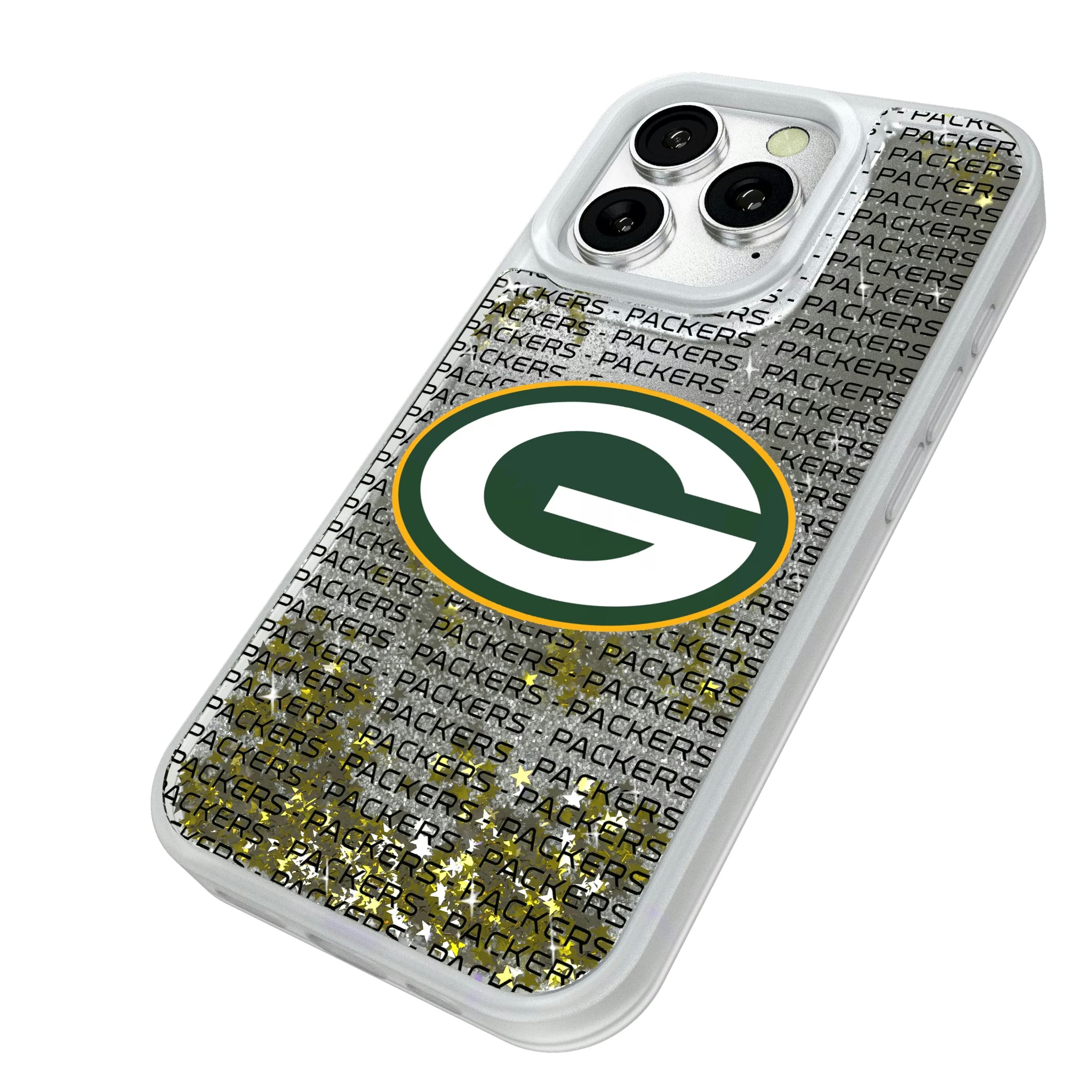 Green Bay Packers Text Backdrop iPhone Glitter Phone Case for Apple iPhone - Isometric View#Device_iPhone 16 Pro