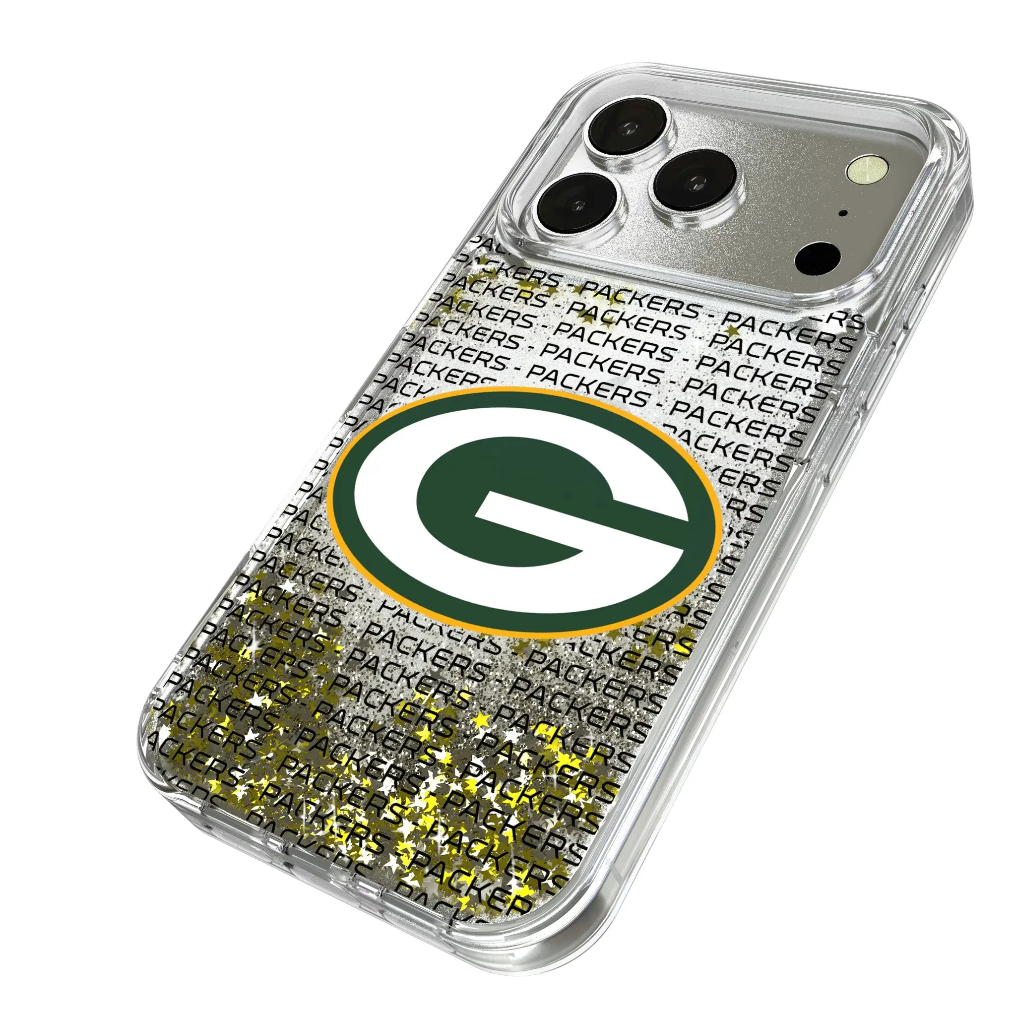 Green Bay Packers Text Backdrop iPhone Glitter Phone Case for Apple iPhone - Isometric View