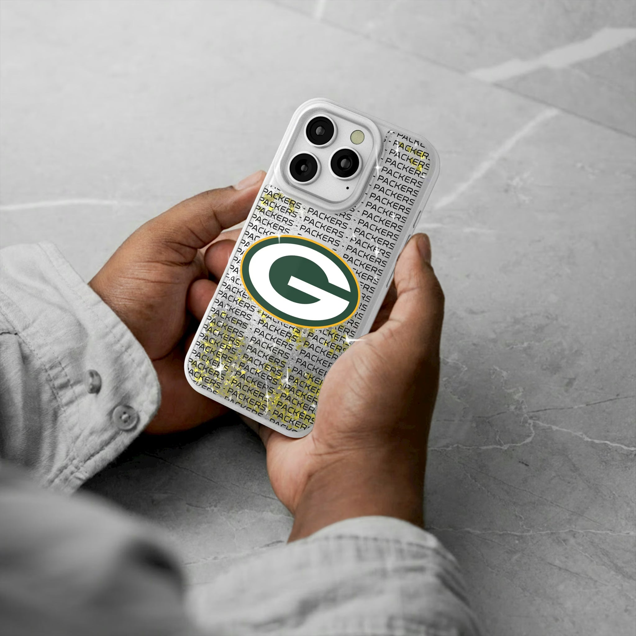 Green Bay Packers Text Backdrop iPhone Glitter Phone Case for Apple iPhone - Lifestyle#Device_iPhone 16 Pro