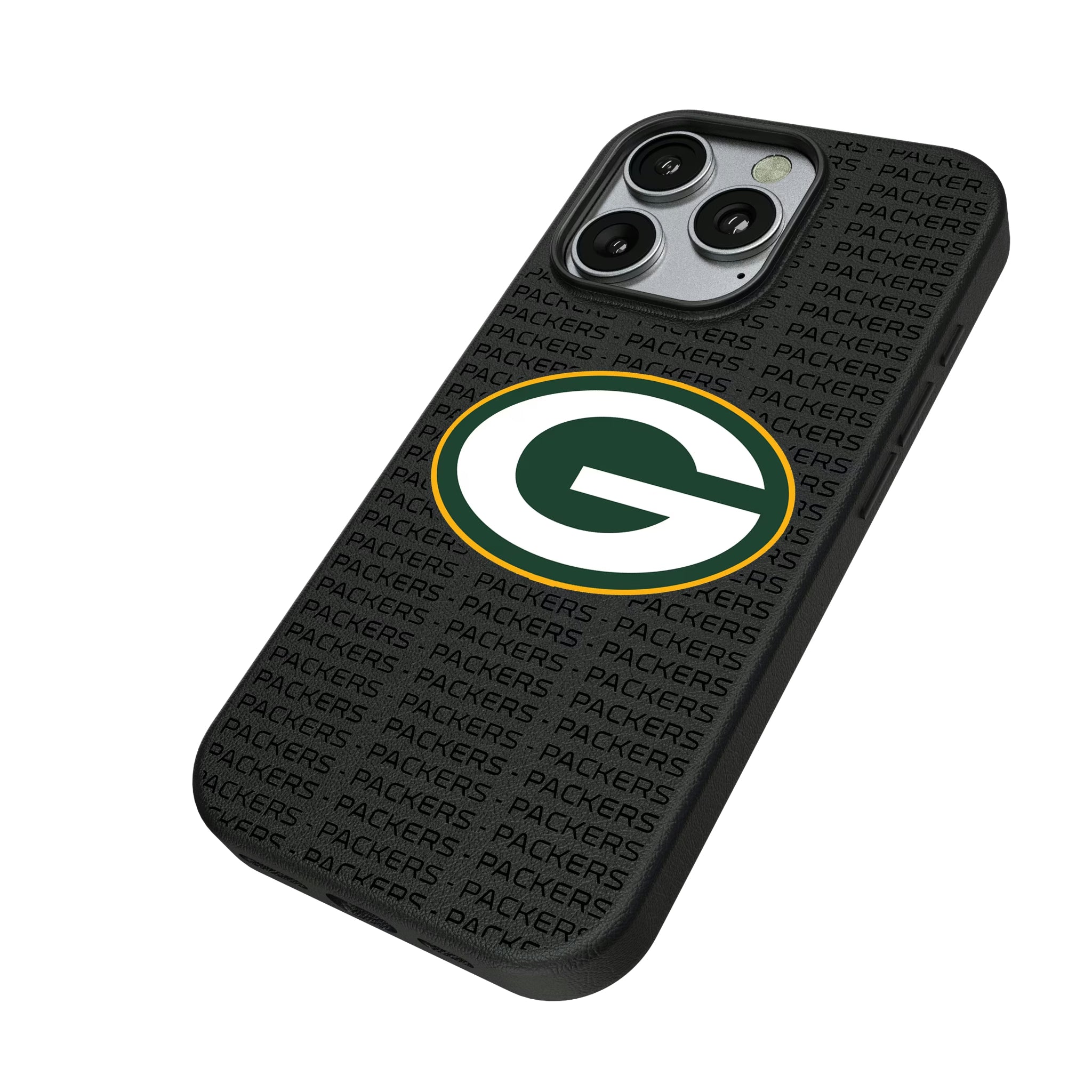 Green Bay Packers Text Backdrop iPhone MagSafe Compatible Phone Case for Apple iPhone - Isometric View