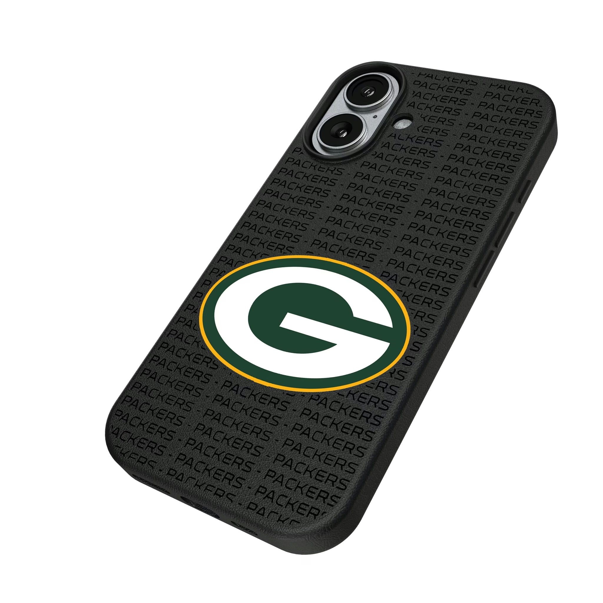 Green Bay Packers Text Backdrop iPhone MagSafe Compatible Phone Case for Apple iPhone - Isometric View#Device_iPhone 17