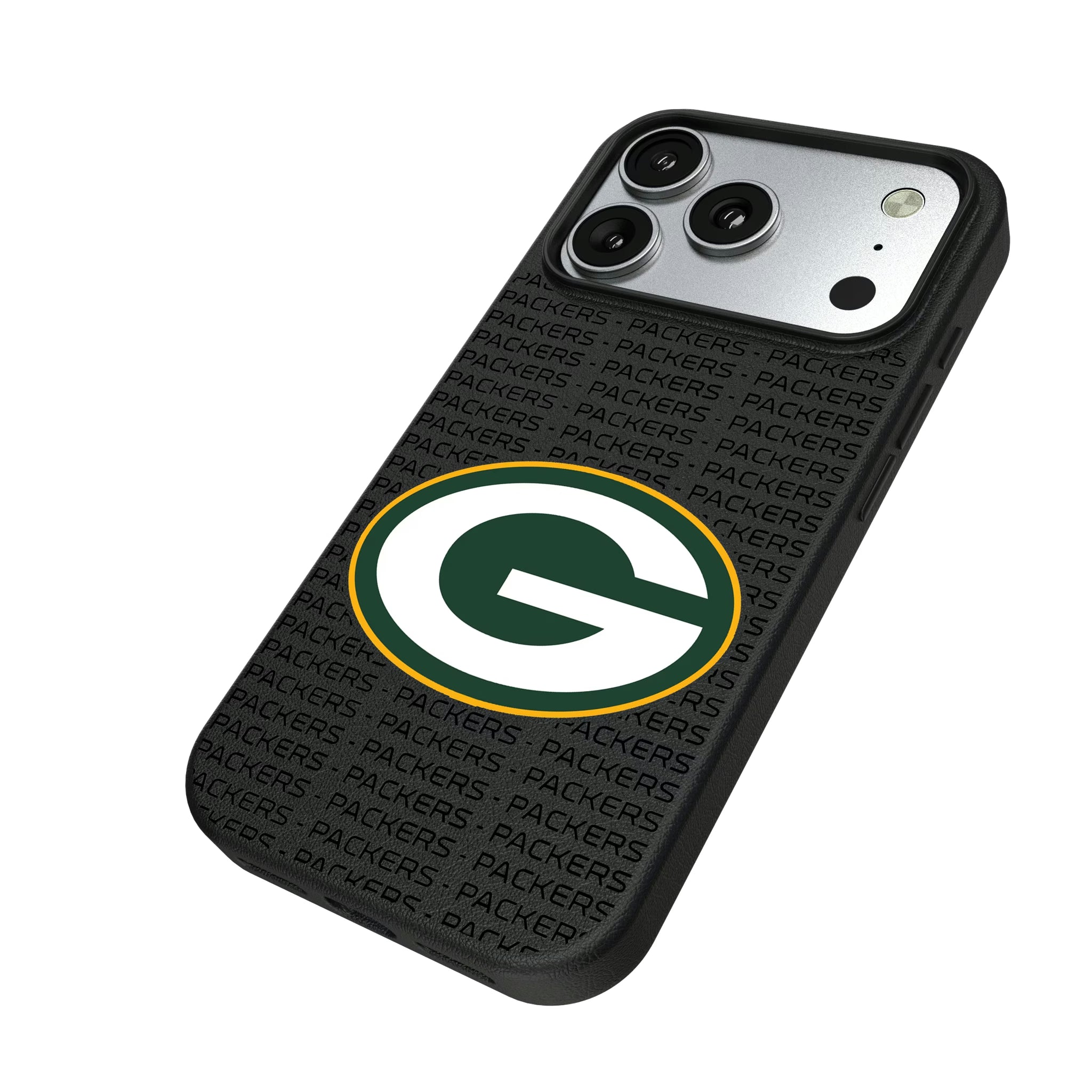 Green Bay Packers Text Backdrop iPhone MagSafe Compatible Phone Case for Apple iPhone - Isometric View#Device_iPhone 17 Pro