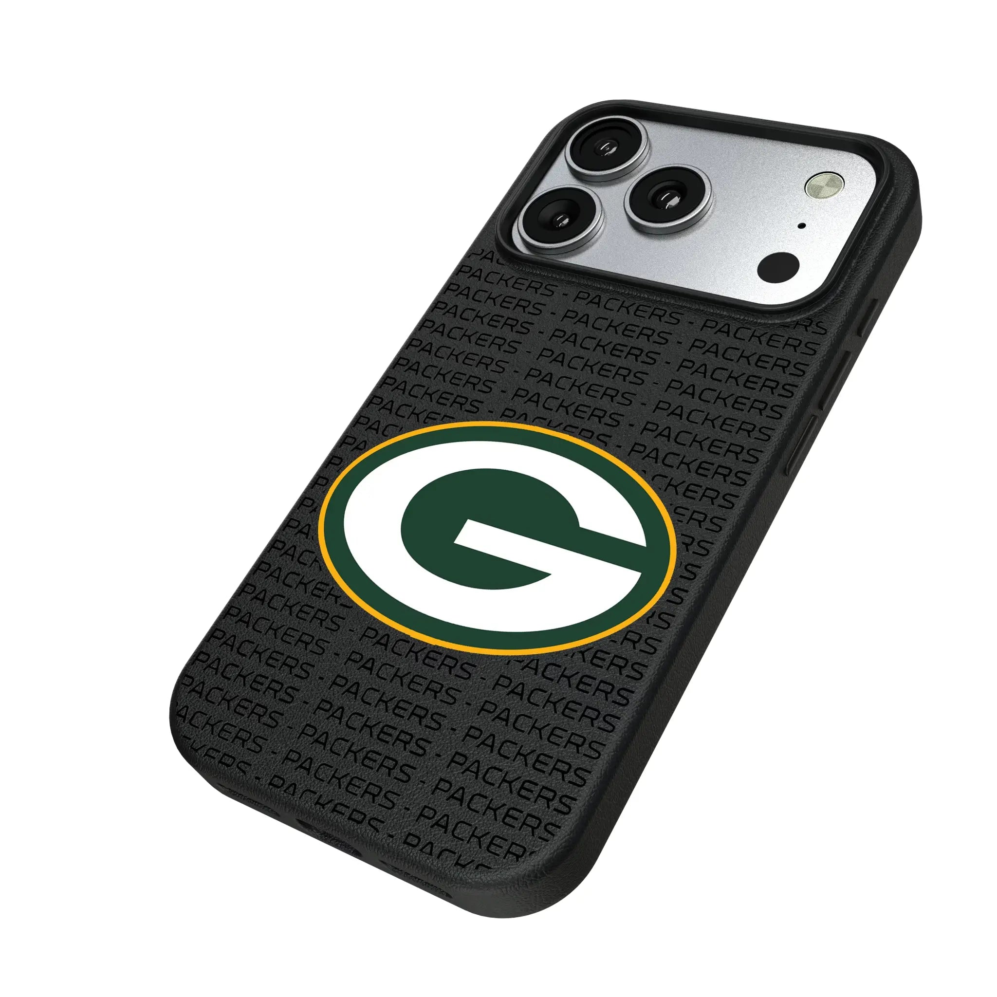 Green Bay Packers Text Backdrop iPhone MagSafe Compatible Phone Case for Apple iPhone - Isometric View#Device_iPhone 17 Pro