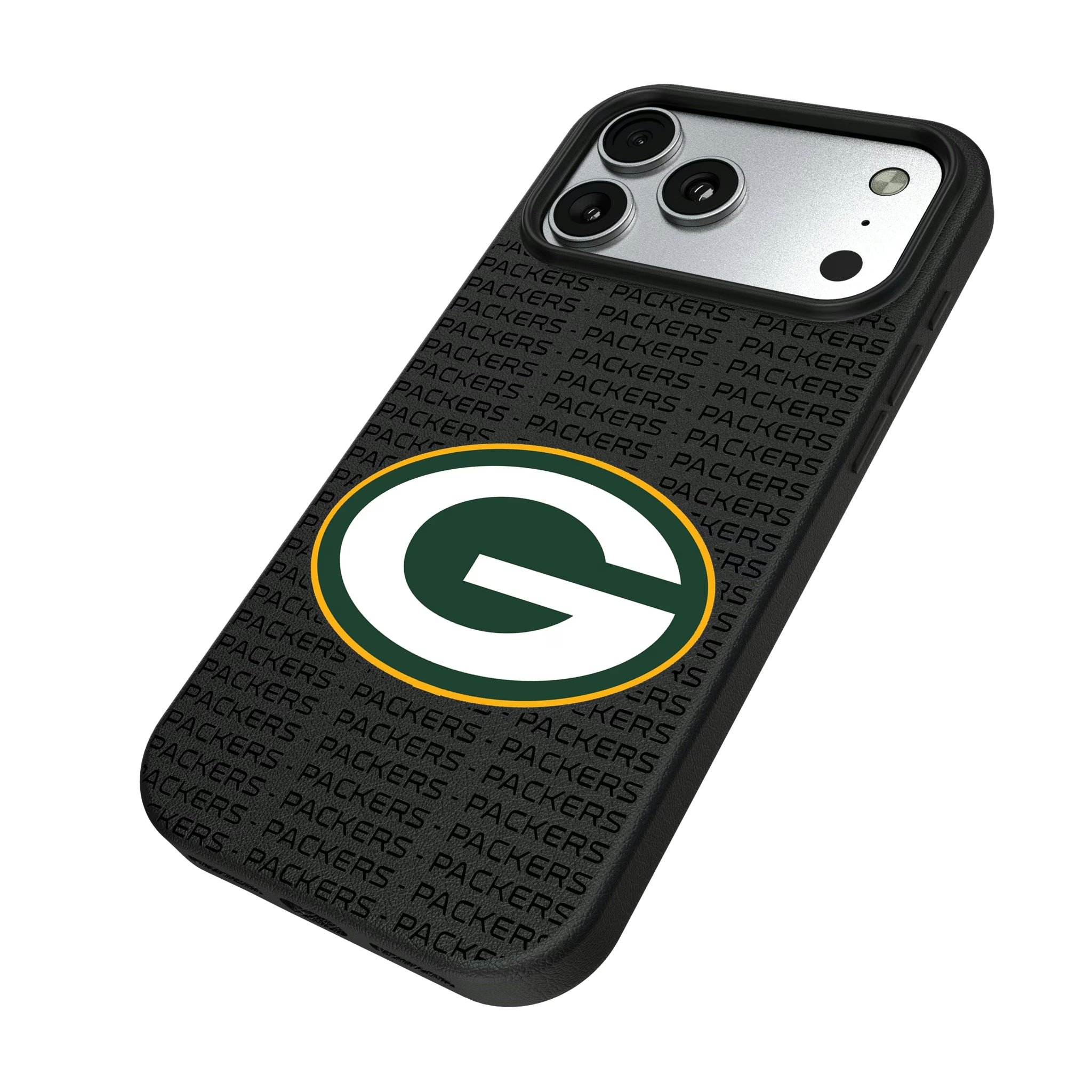 Green Bay Packers Text Backdrop iPhone MagSafe Compatible Phone Case for Apple iPhone - Isometric View#Device_iPhone 17 Pro Max
