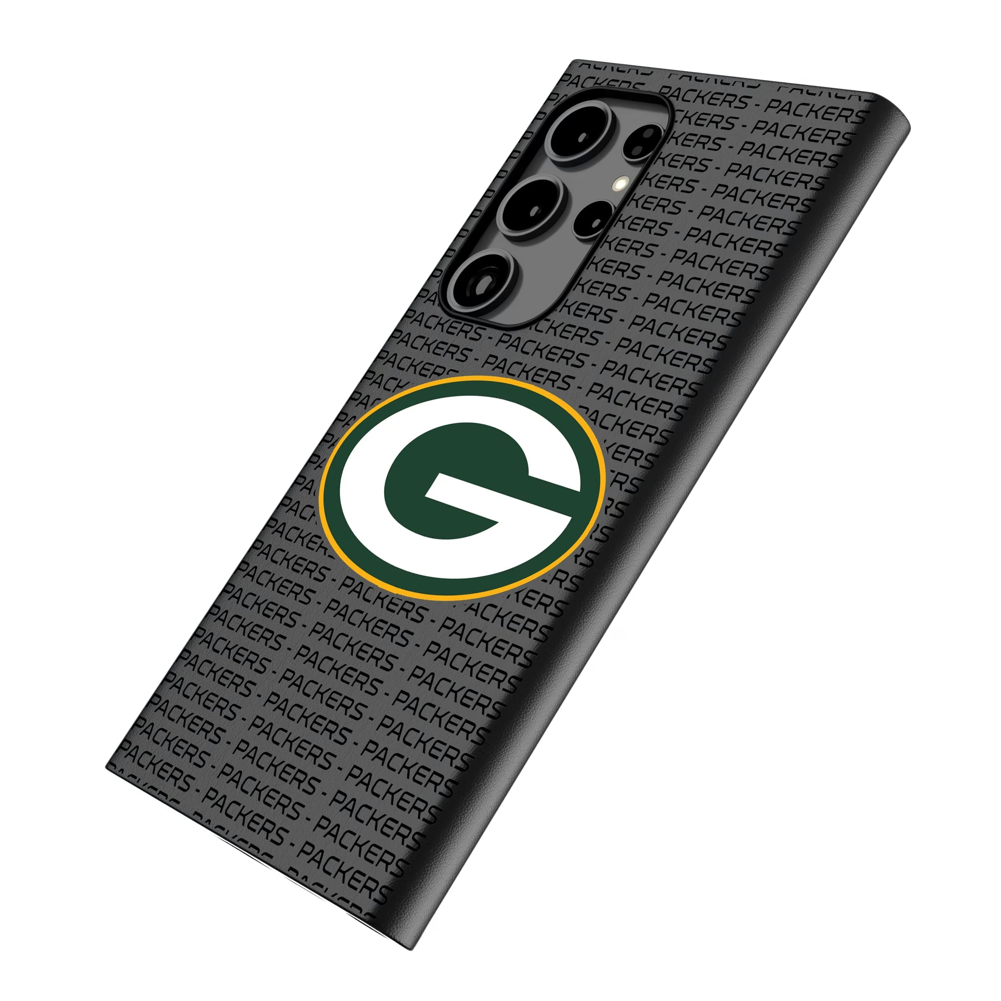 Green Bay Packers Text Backdrop Galaxy MagSafe Compatible Phone Case for Samsung Galaxy - Isometric View