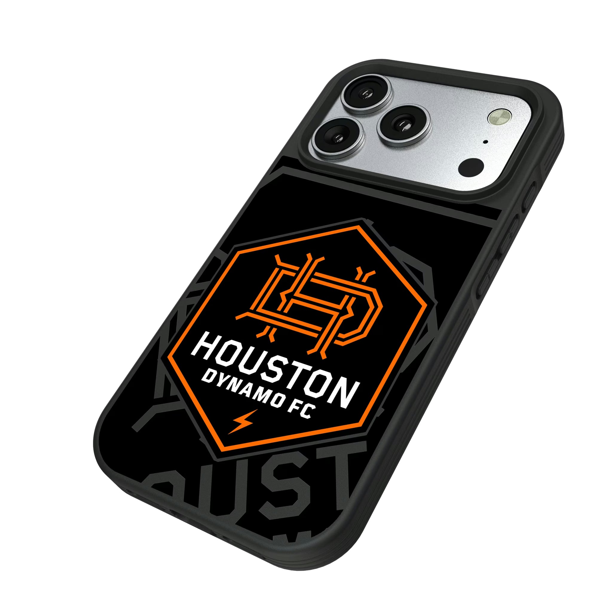 Houston Dynamo Monocolor Tilt iPhone Bump Phone Case for Apple iPhone - Isometric View#Device_iPhone 17 Pro
