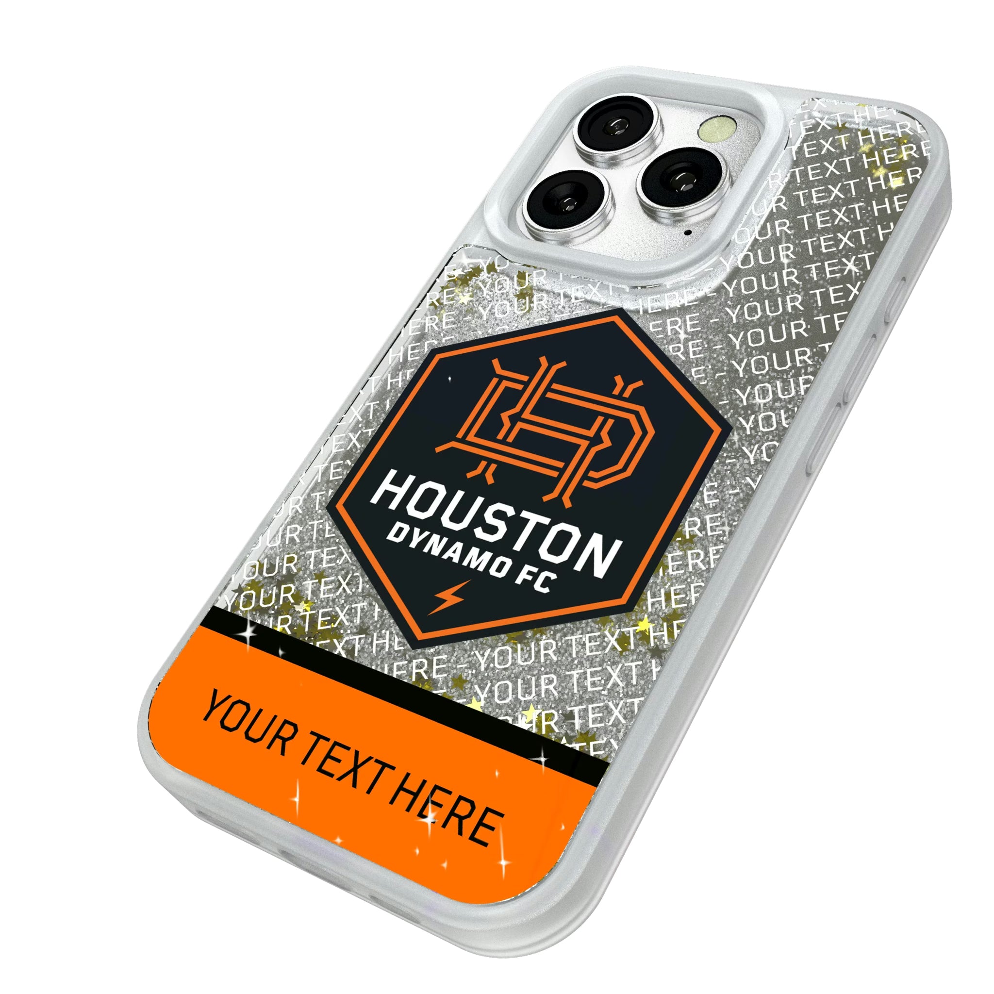 Houston Dynamo Personalized EndZone Plus iPhone Glitter Phone Case for Apple iPhone - Isometric View#Device_iPhone 16 Pro