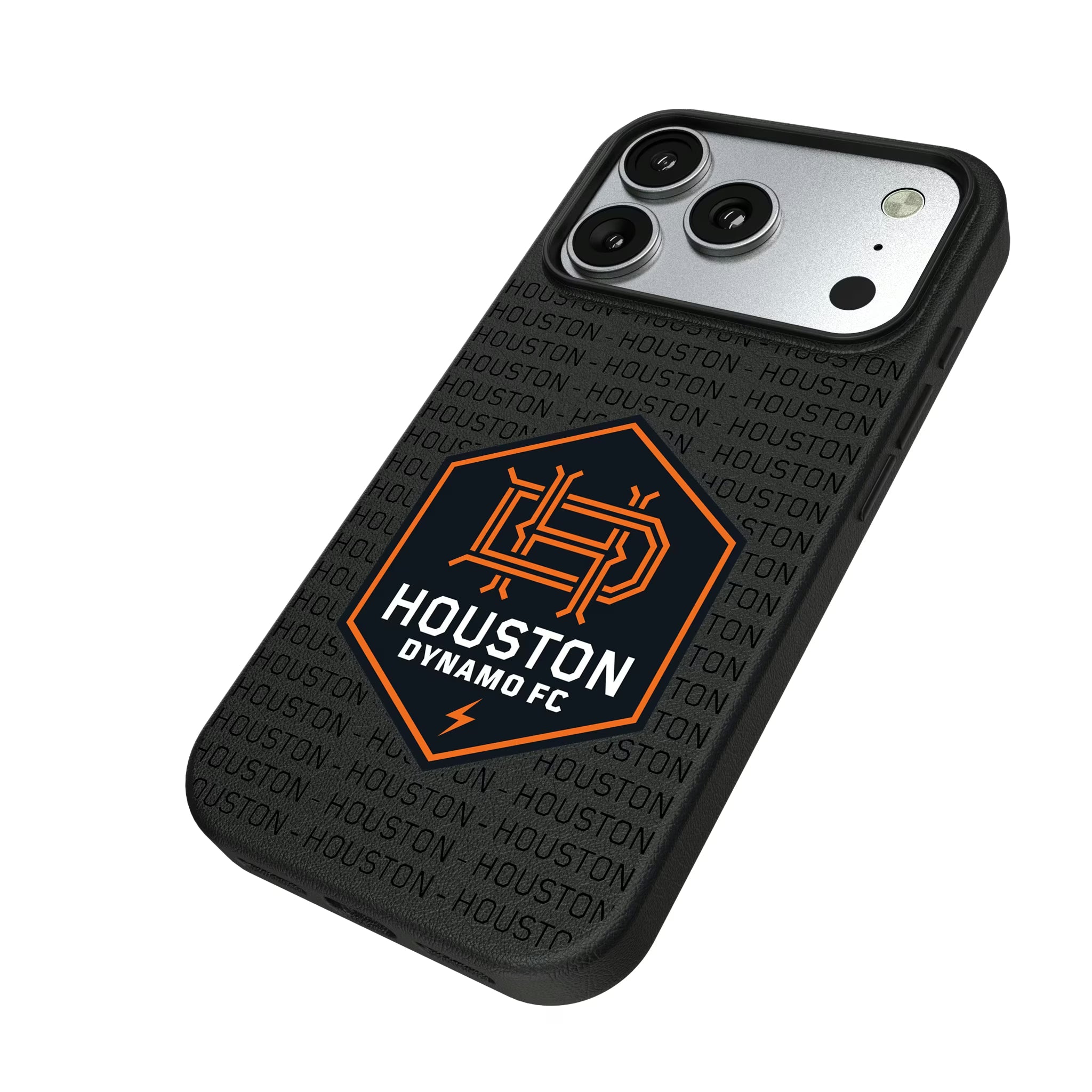 Houston Dynamo Text Backdrop iPhone MagSafe Compatible Phone Case for Apple iPhone - Isometric View#Device_iPhone 17 Pro