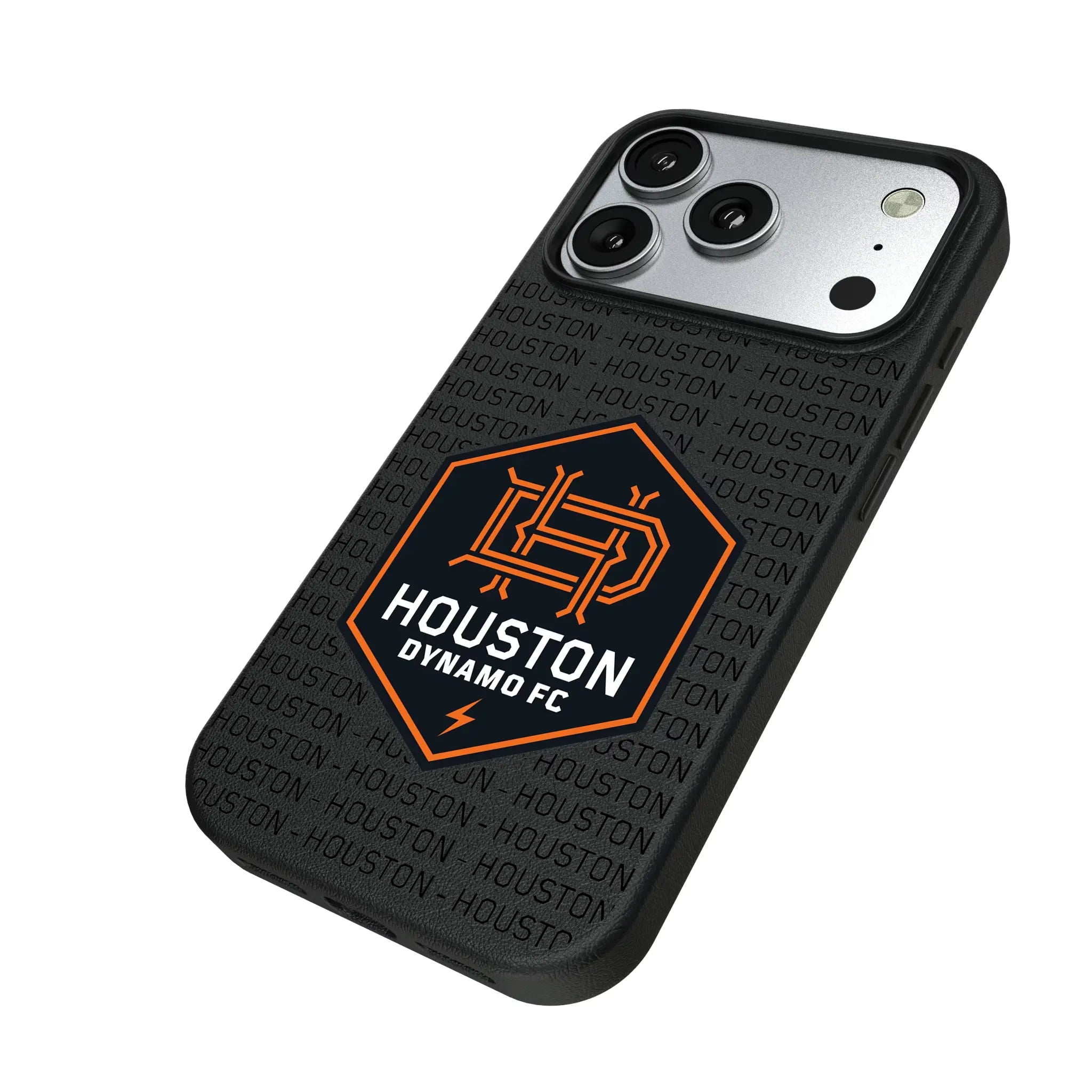 Houston Dynamo Text Backdrop iPhone MagSafe Compatible Phone Case for Apple iPhone - Isometric View#Device_iPhone 17 Pro