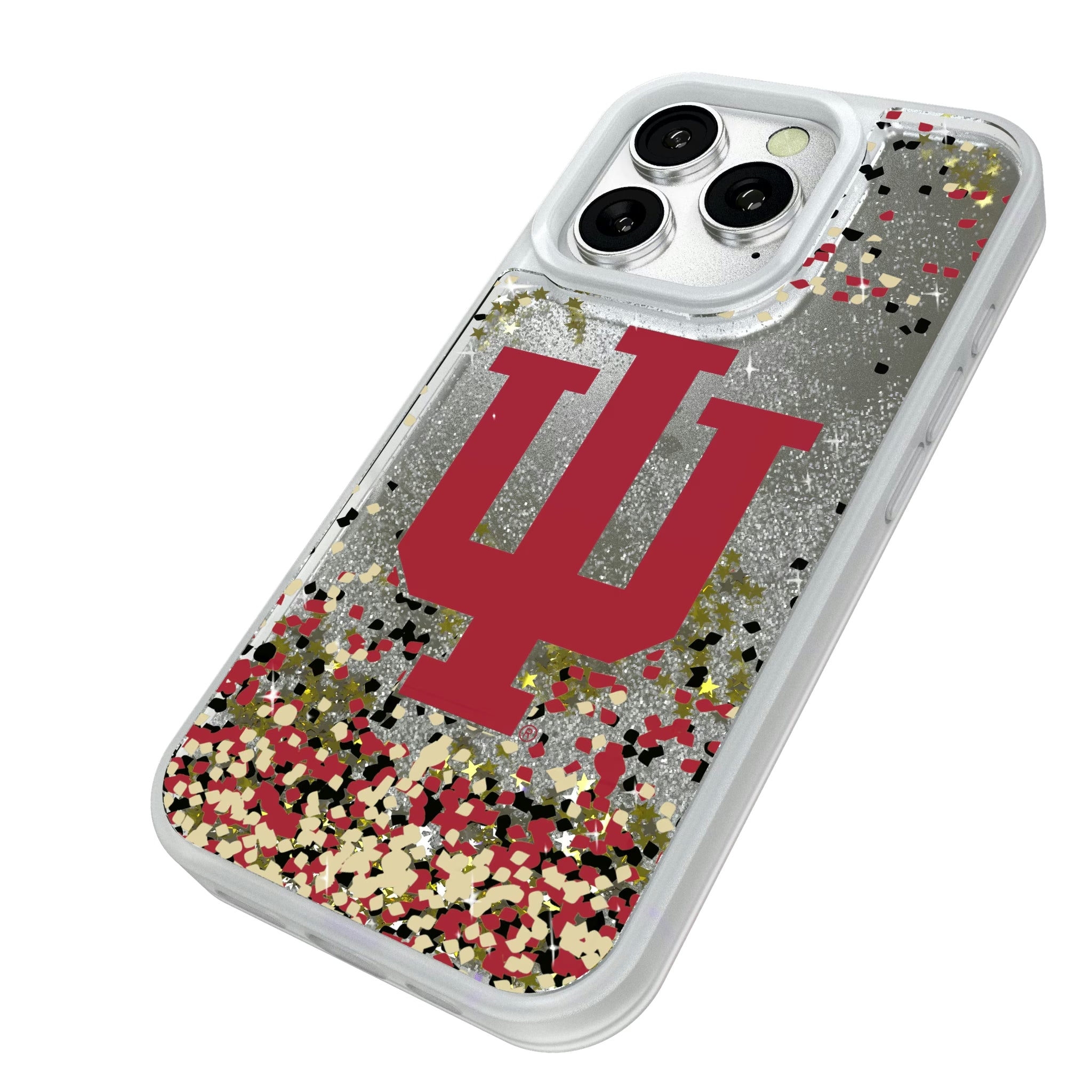 Indiana University Hoosiers Confetti iPhone Glitter Phone Case for Apple iPhone - Isometric View#Device_iPhone 16 Pro