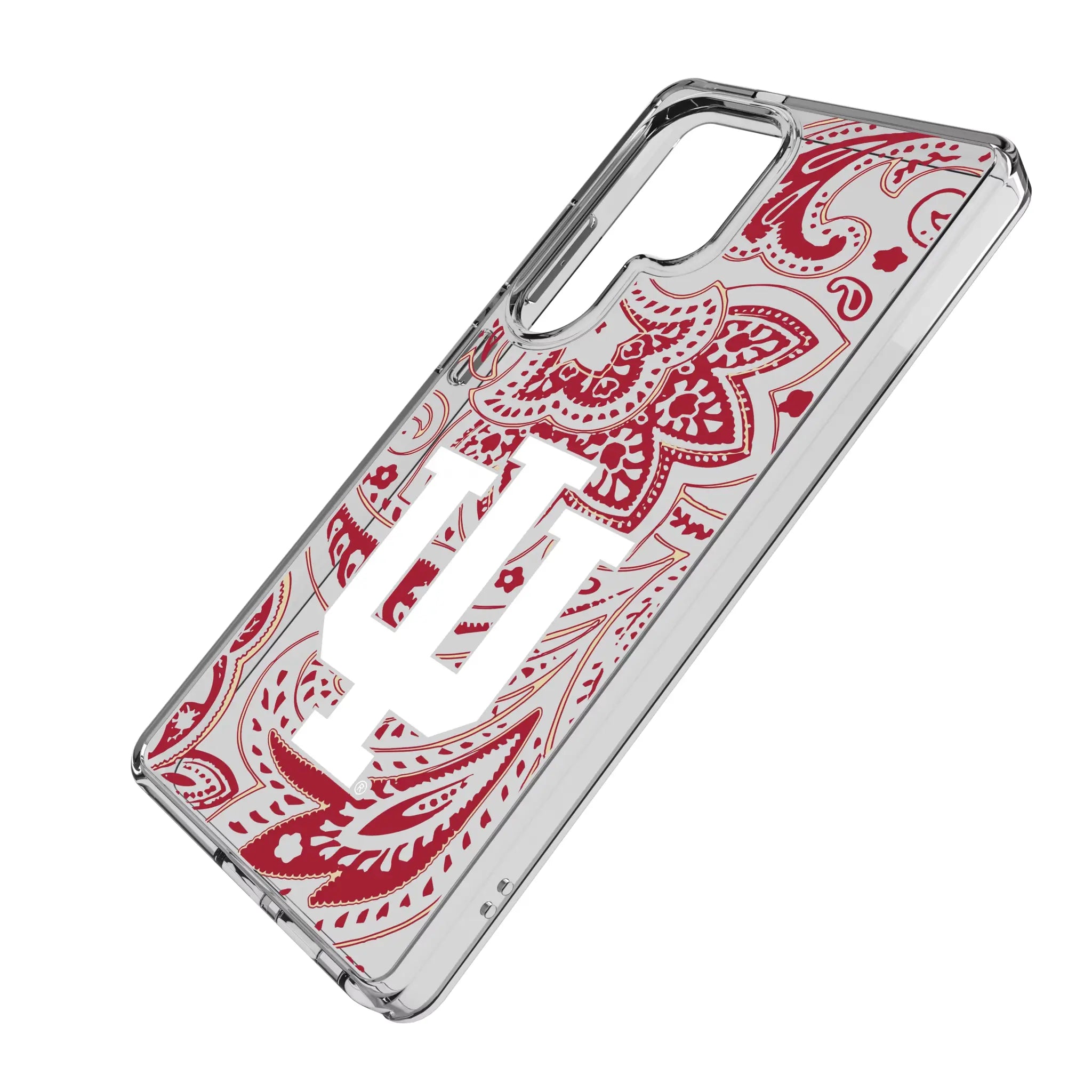 Indiana University Hoosiers Paisley Galaxy Clear Phone Case for Samsung Galaxy - Isometric View#Device_Galaxy S25 Ultra