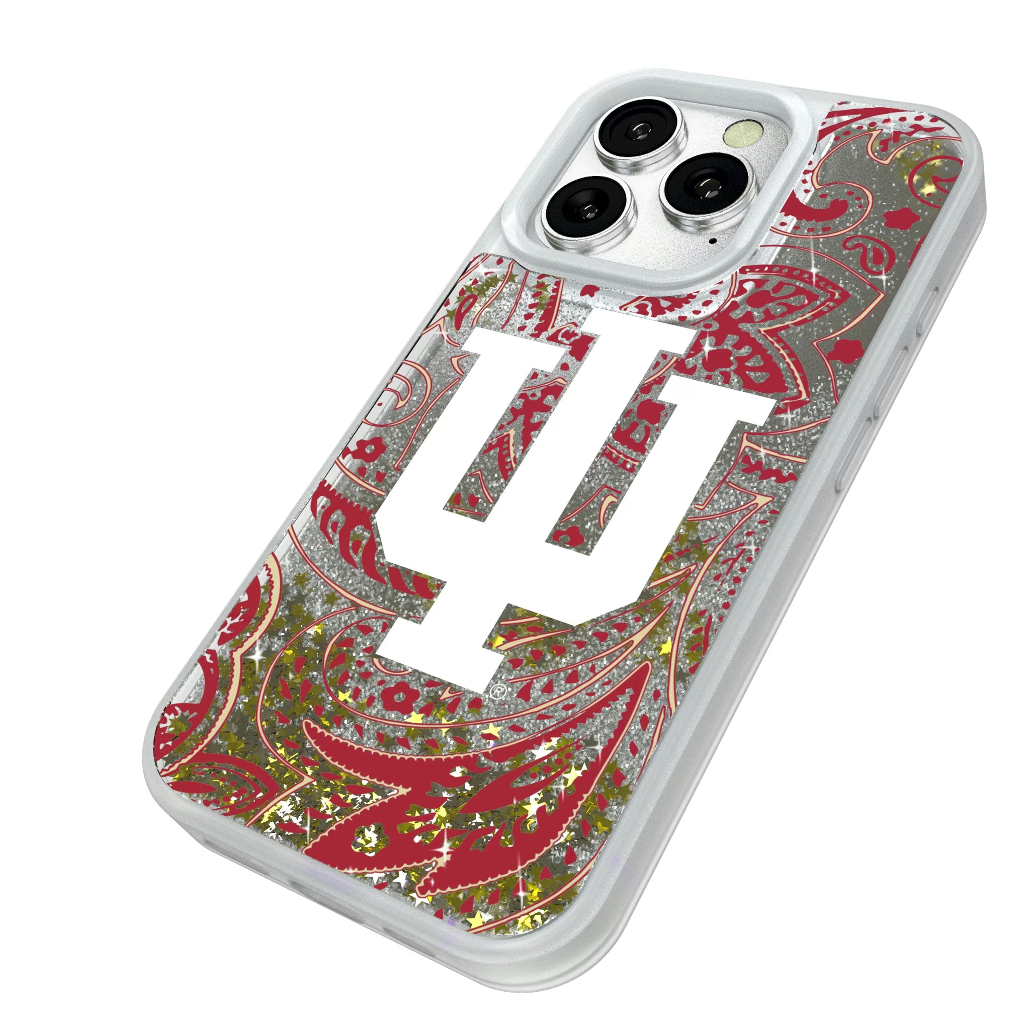 Indiana University Hoosiers Paisley iPhone Glitter Phone Case for Apple iPhone - Isometric View#Device_iPhone 16 Pro